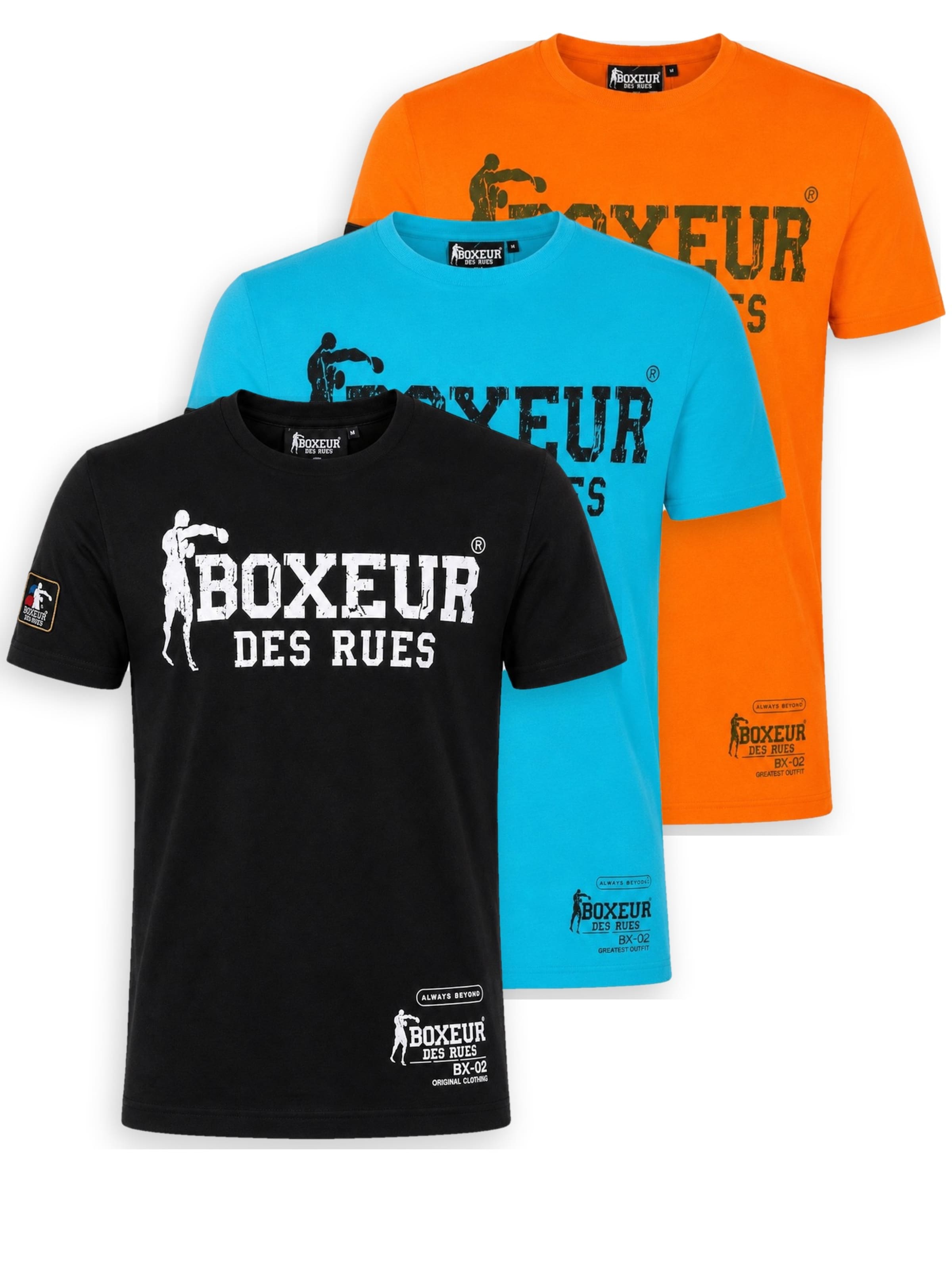 Boxeur des Rues - Camiseta 'Herren T-Shirt 3er-Pack Boxeur des Rues Slim Fit: Schwarz, Weißes Logo + Türkis, Schwarzes Logo + Intensives Orange' en Mezcla de colores: frente