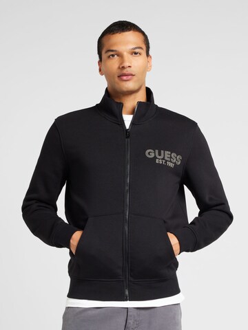 GUESS Zip-Up Hoodie in Black: front