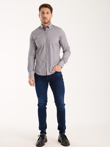 7Camicie Slim fit Zakelijk overhemd 'Donatello Poplin Stretch Man Shirt Blue Beige' in Blauw