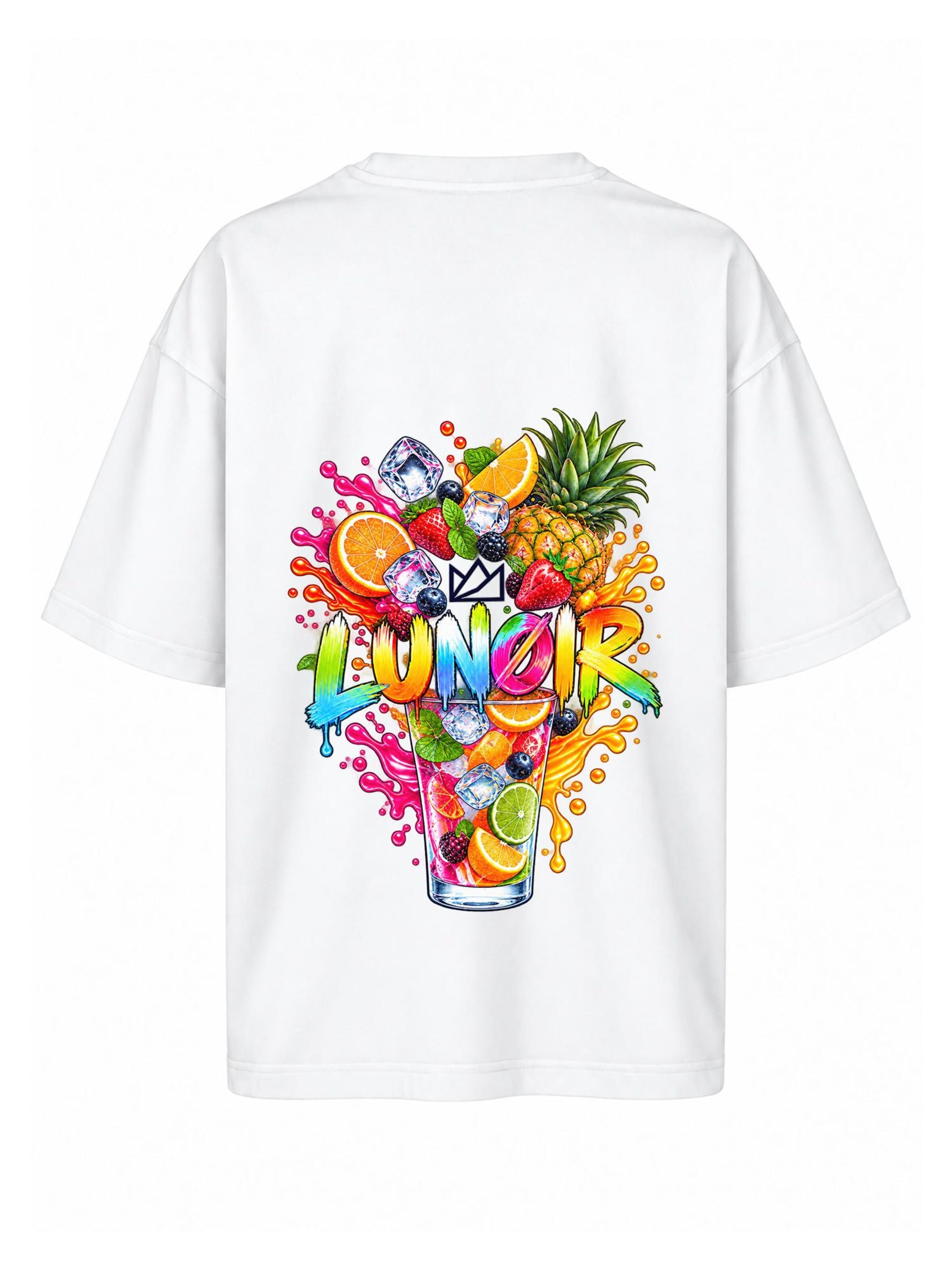 LUNØIR Studio Póló 'Tropical Riot – Fruit Splash' - fehér: elől