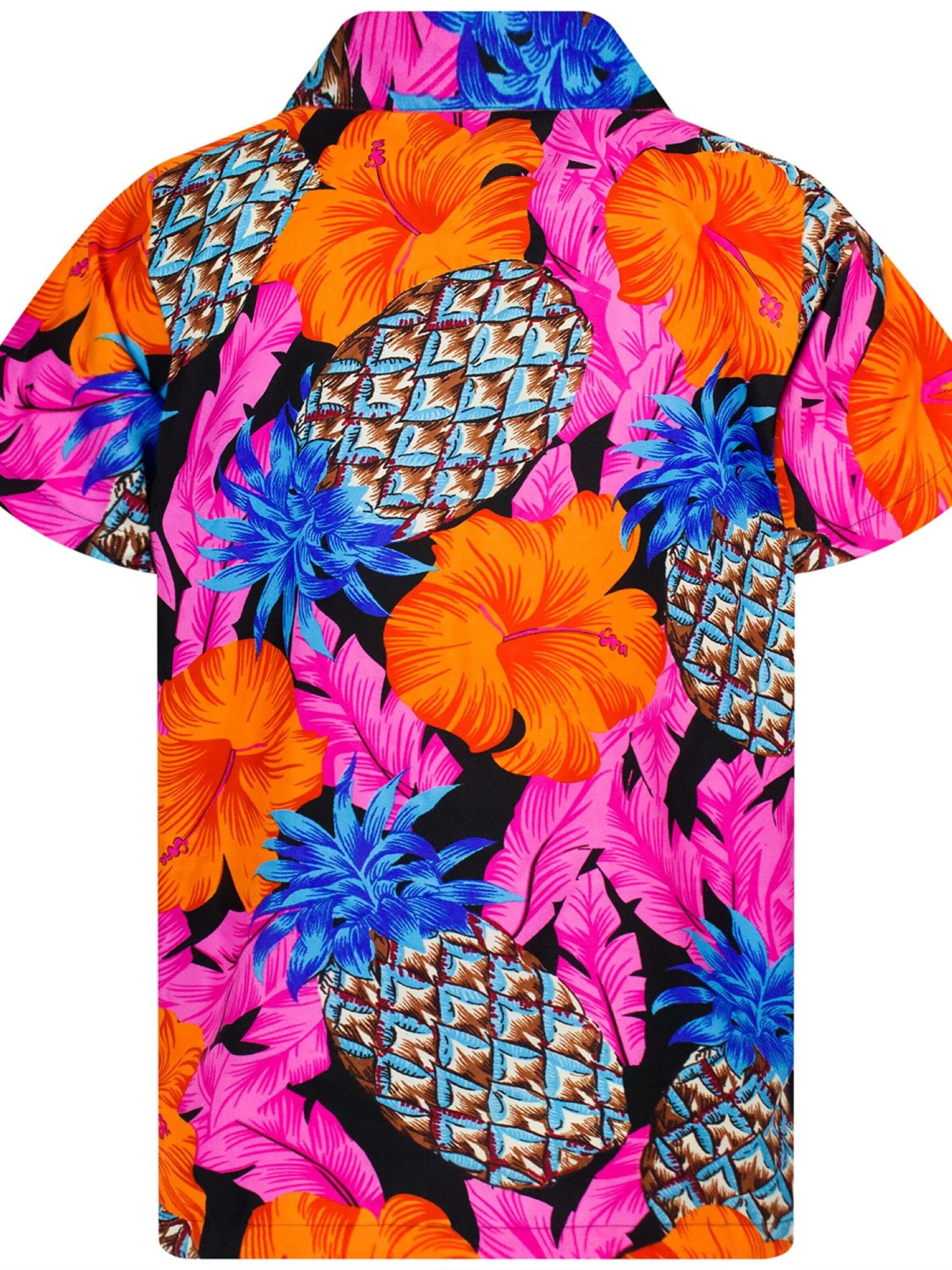 King Kameha Shirt 'Pineapple Hibiscus Black Line' in Roze