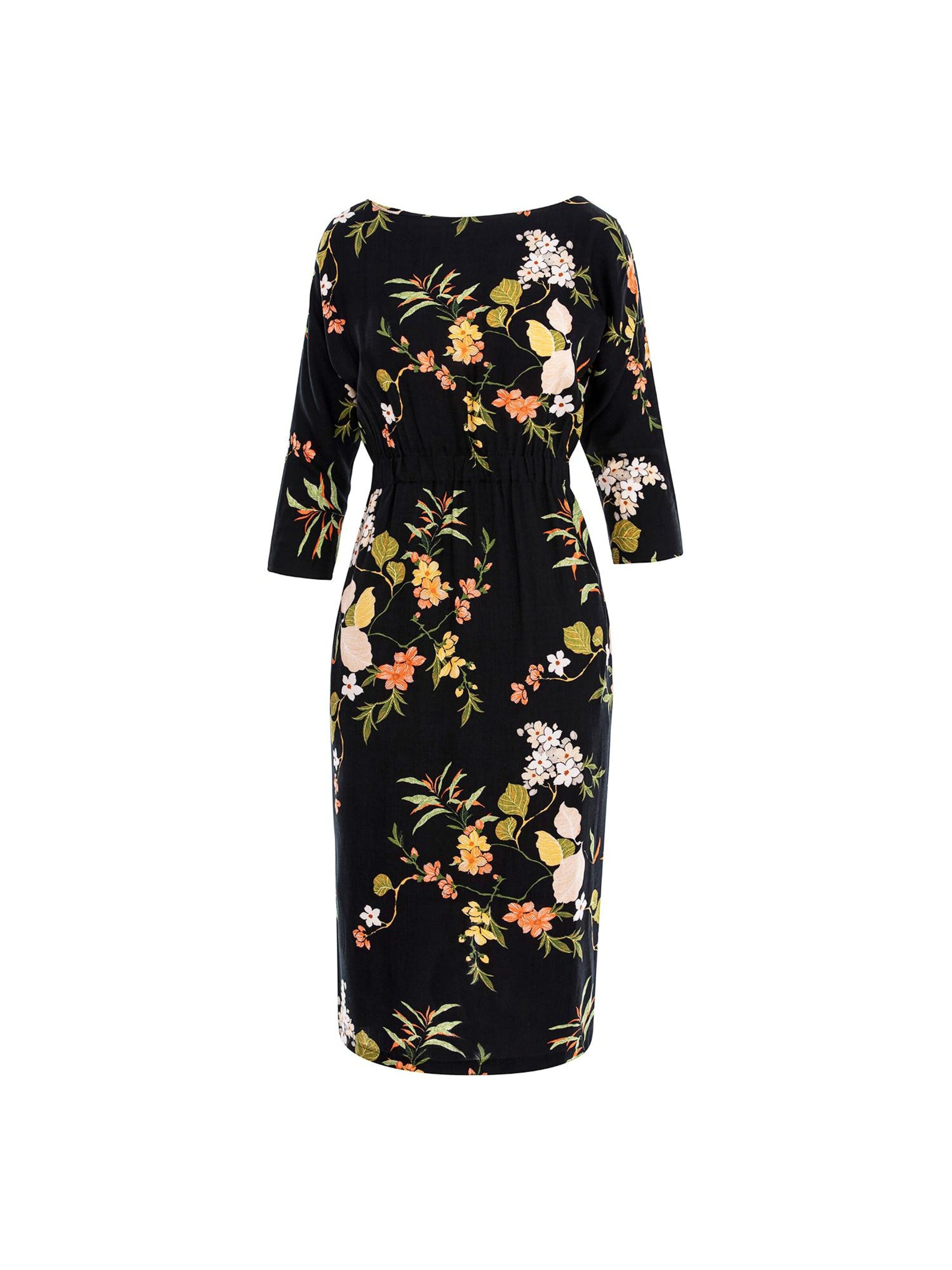Couture de Marie Jurk 'Floral Midi Dress with Draped Waist – Black – Lise' in Zwart: voorkant
