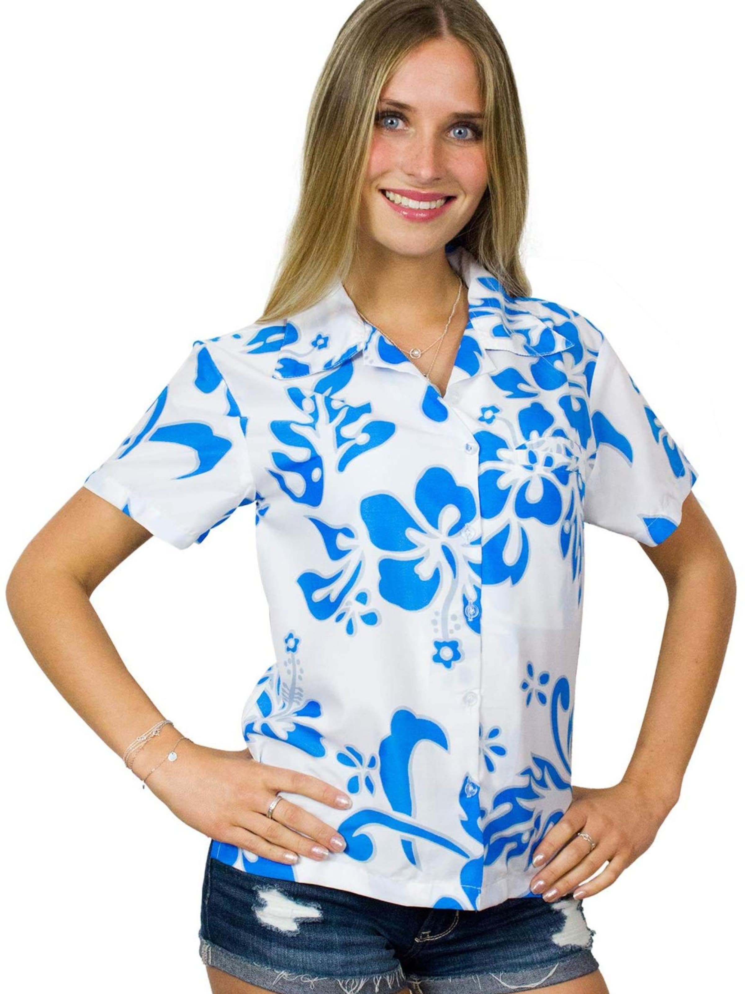 King Kameha Blouse 'Hibiscus White Line' in Blue: front