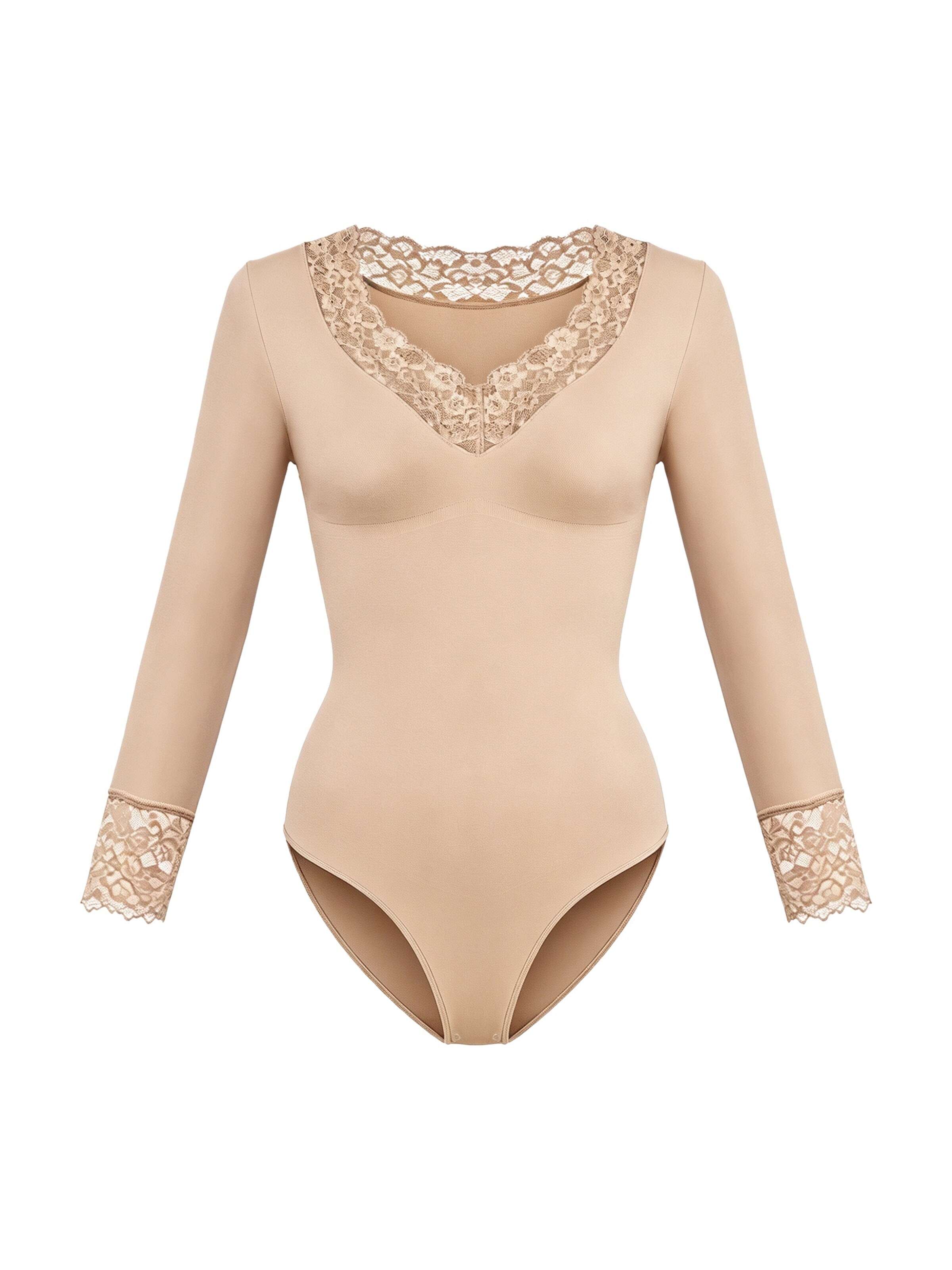 cfab - Body moldeador 'Clean Longsleeve V-Neck with Lace Sculpting Bodysuit with Slip' en beige: frente