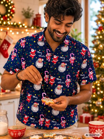 King Kameha Regular Fit Hemd 'Christmas Candycane'‌‌‌‌‌‌‌‌‌‌ in Blau