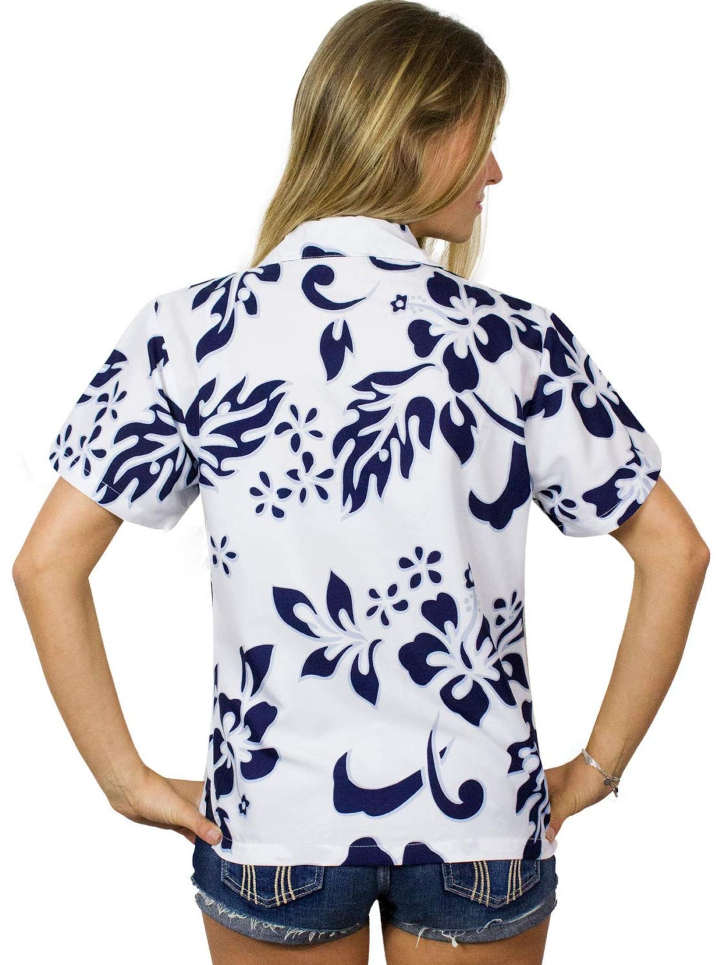 King Kameha Blouse 'Hibiscus White Line' in Blue