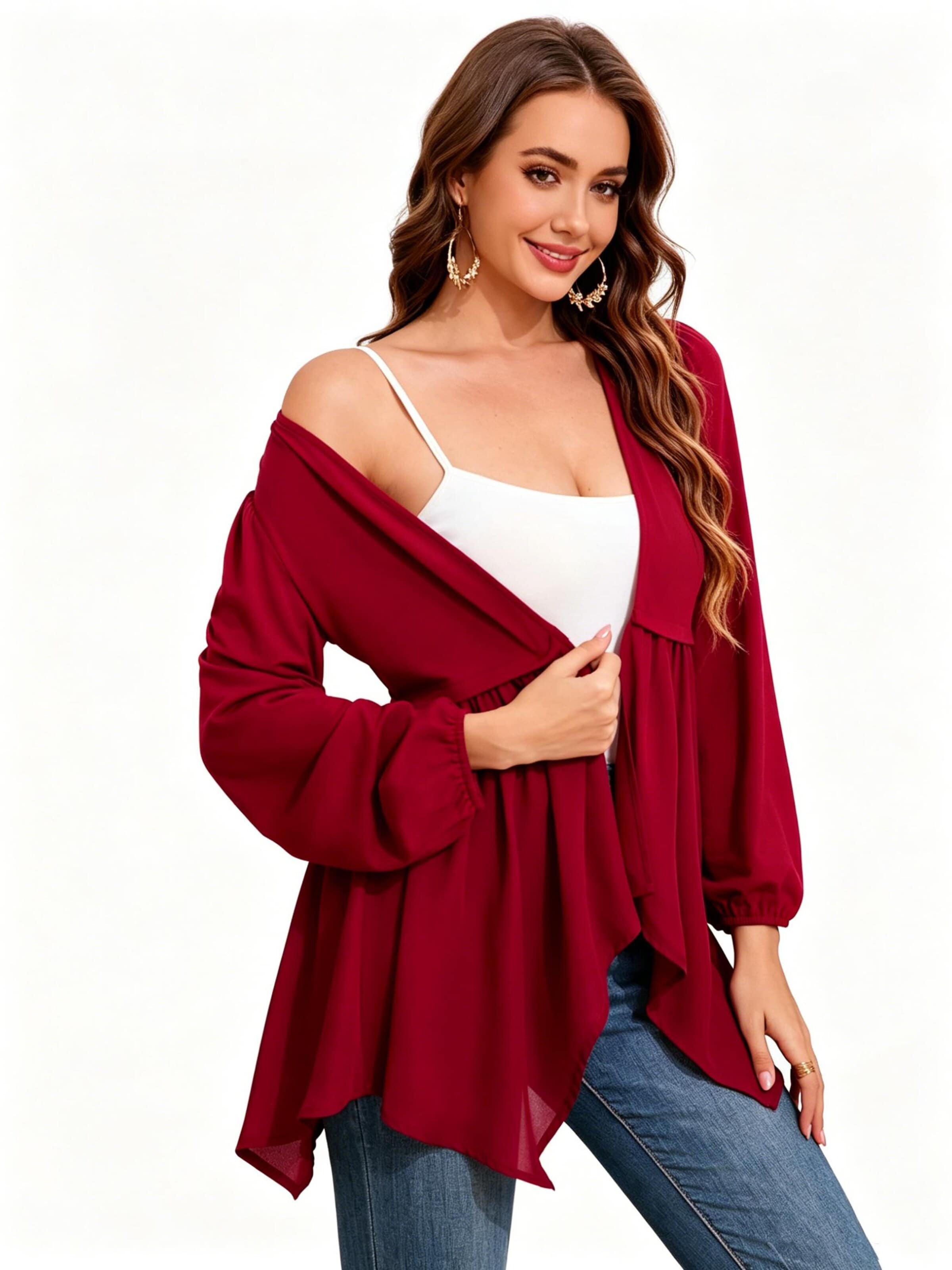 KoJooin Marynarka 'Damen-Cardigan mit drapierter Vorderseite, langen Ärmeln und asymmetrischem Wasserfallsaum, leicht' w kolorze czerwony
