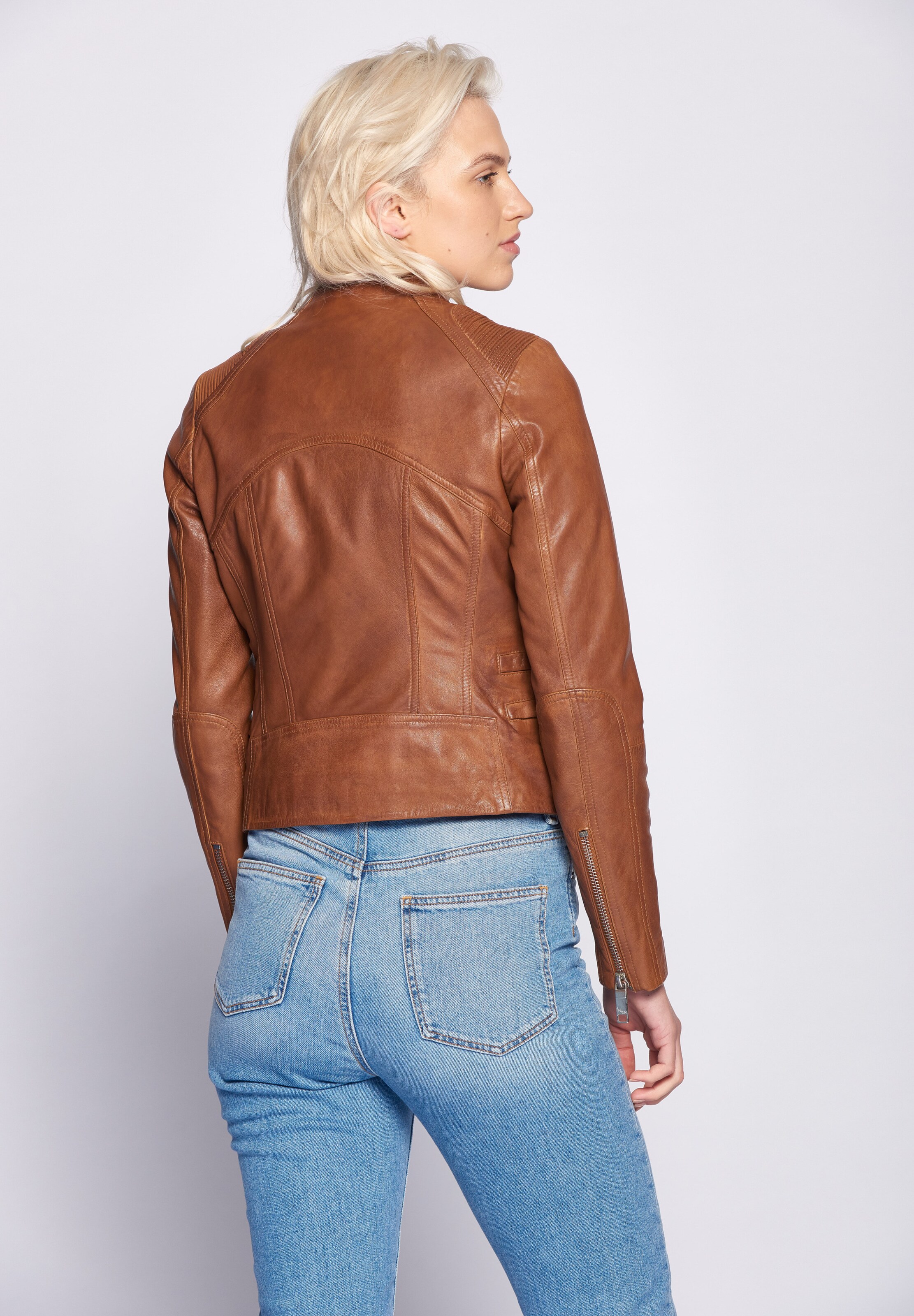 Maze Biker Lederjacke mit auffälligem Innenfutter \' Chrystal \' in Cognac |  ABOUT YOU