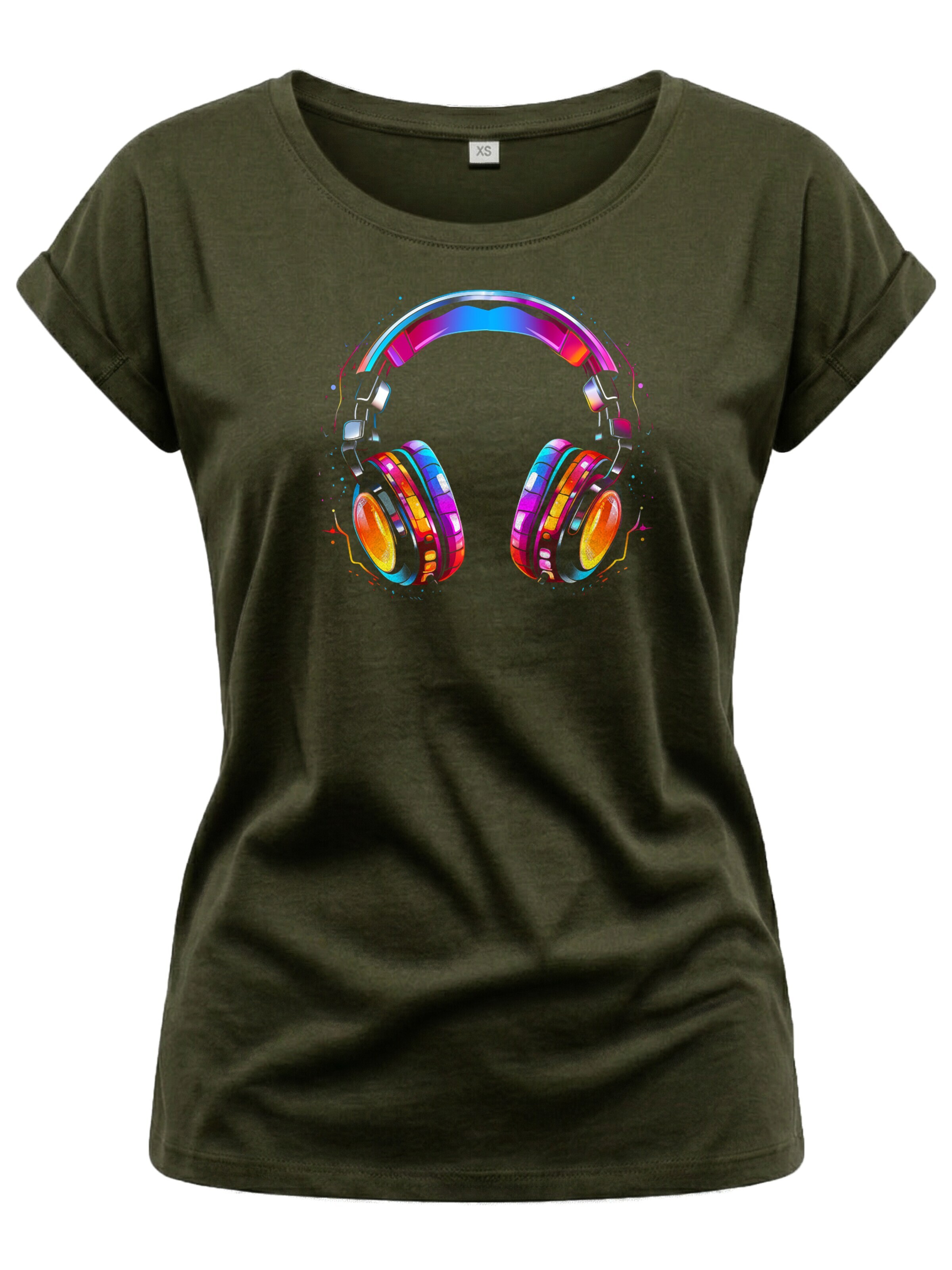 MAKAYA Shirt 'Kopfhörer Bunt' in Green: front