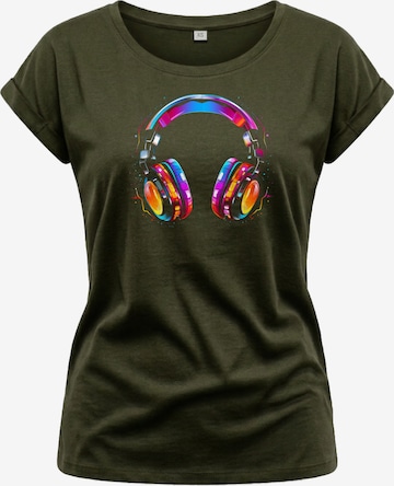 MAKAYA Shirt 'Kopfhörer Bunt' in Green: front