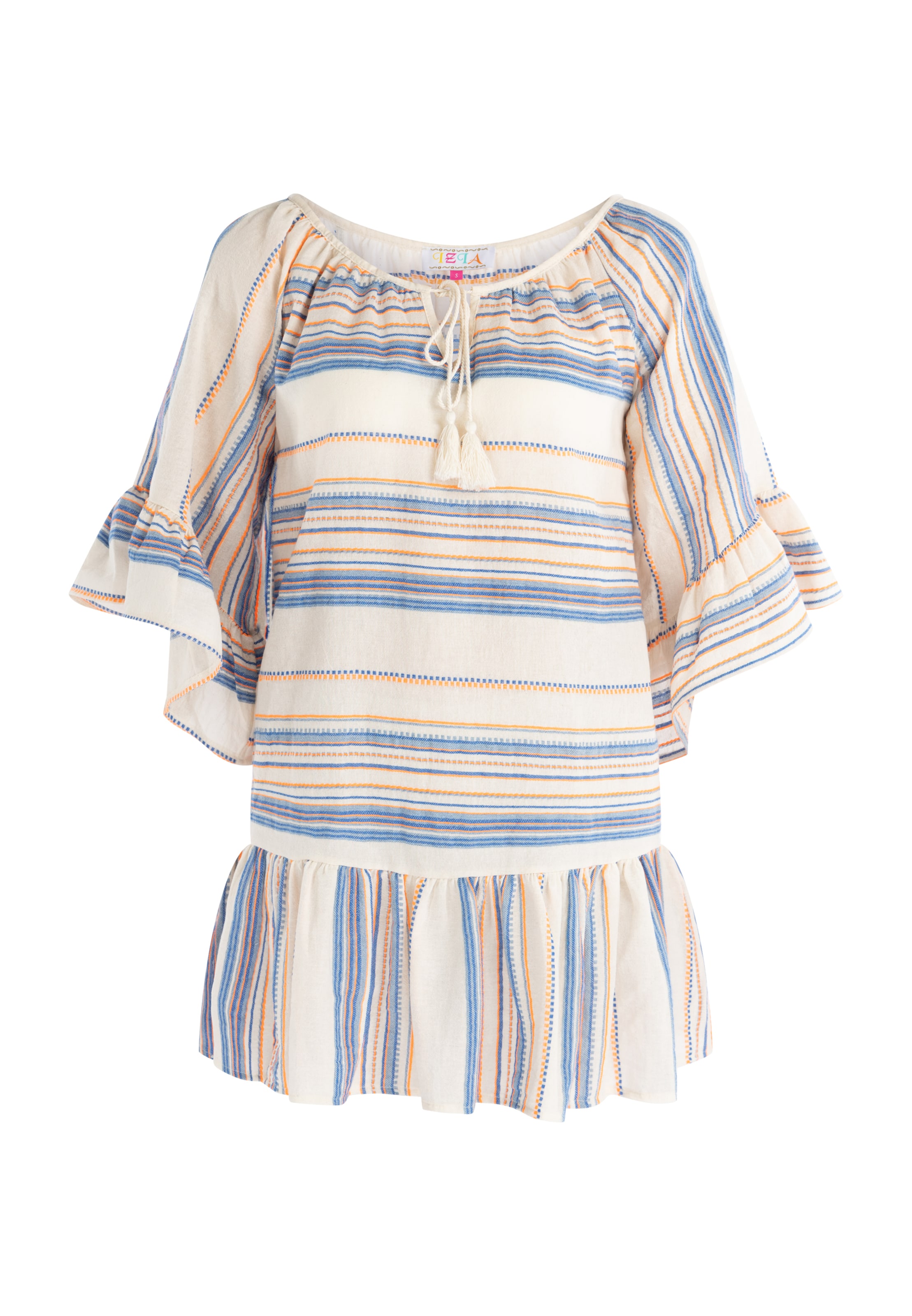 Rochie IZIA pe crem / albastru fumuriu / portocaliu, Vizualizare produs