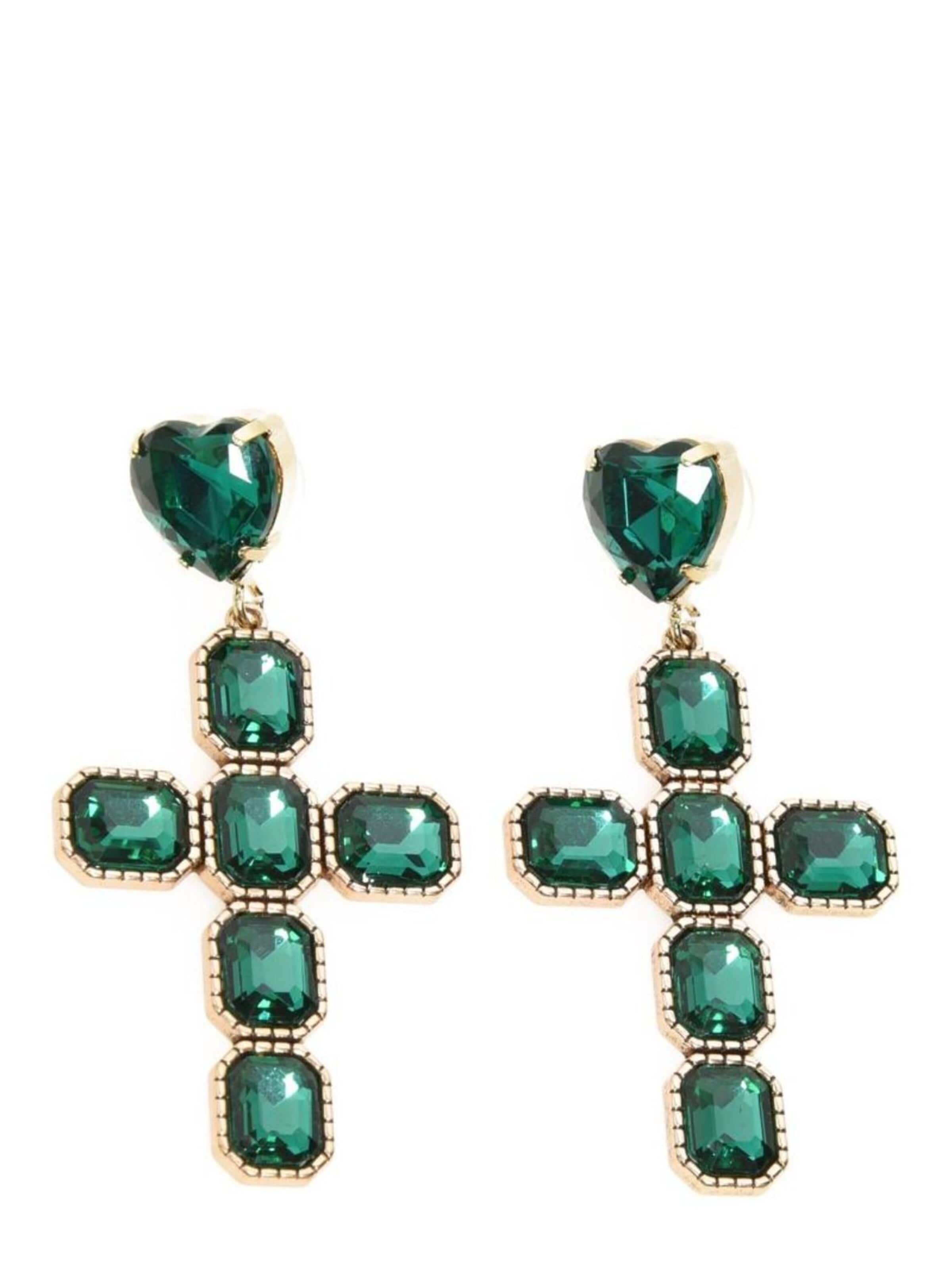 Addicted2 Σκουλαρίκια 'Diana Earrings Cross Crystals Emerald' σε χρυσό: μπροστά