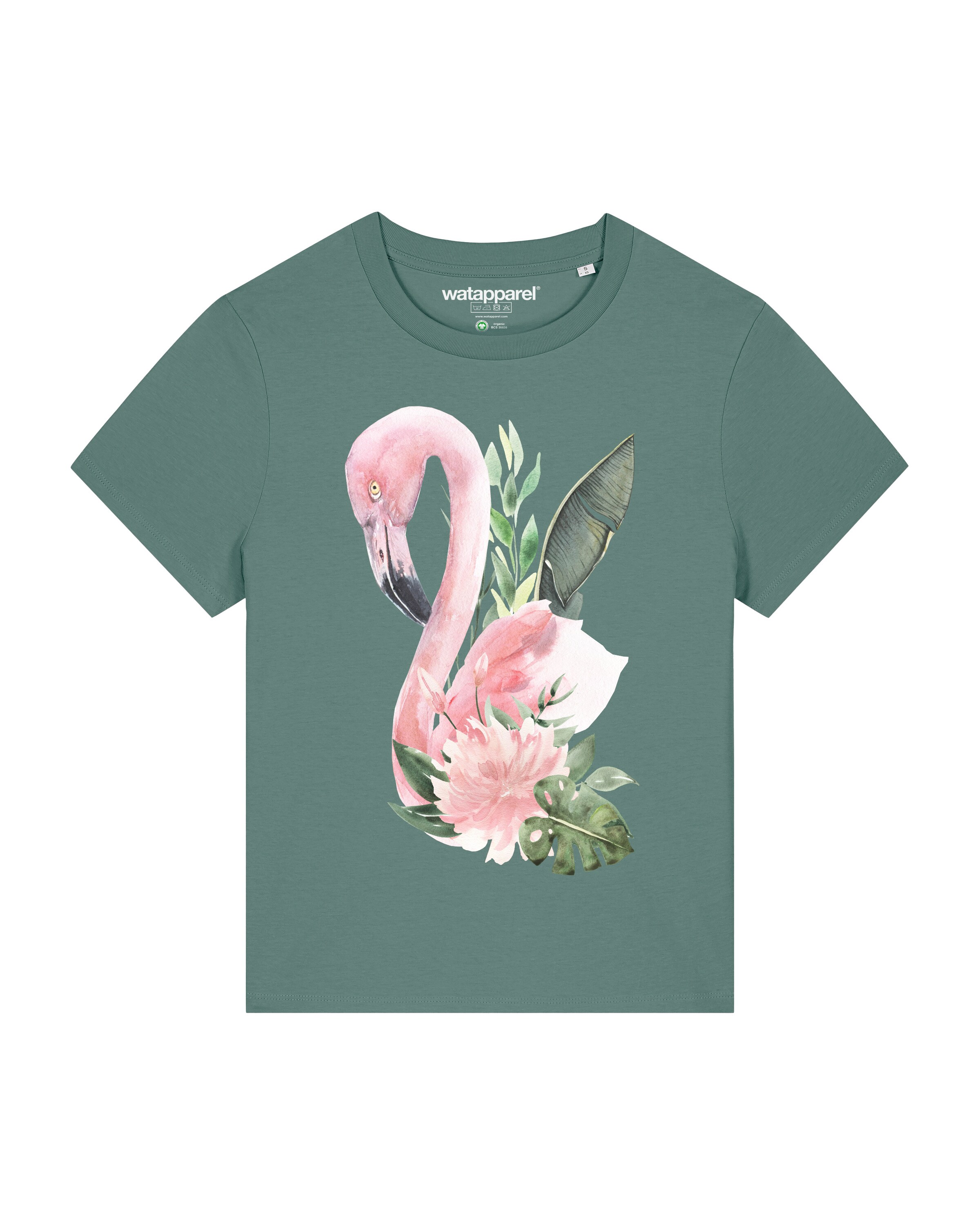 Watapparel Shirt ' Flamingo mit Blumen ' in Green: front