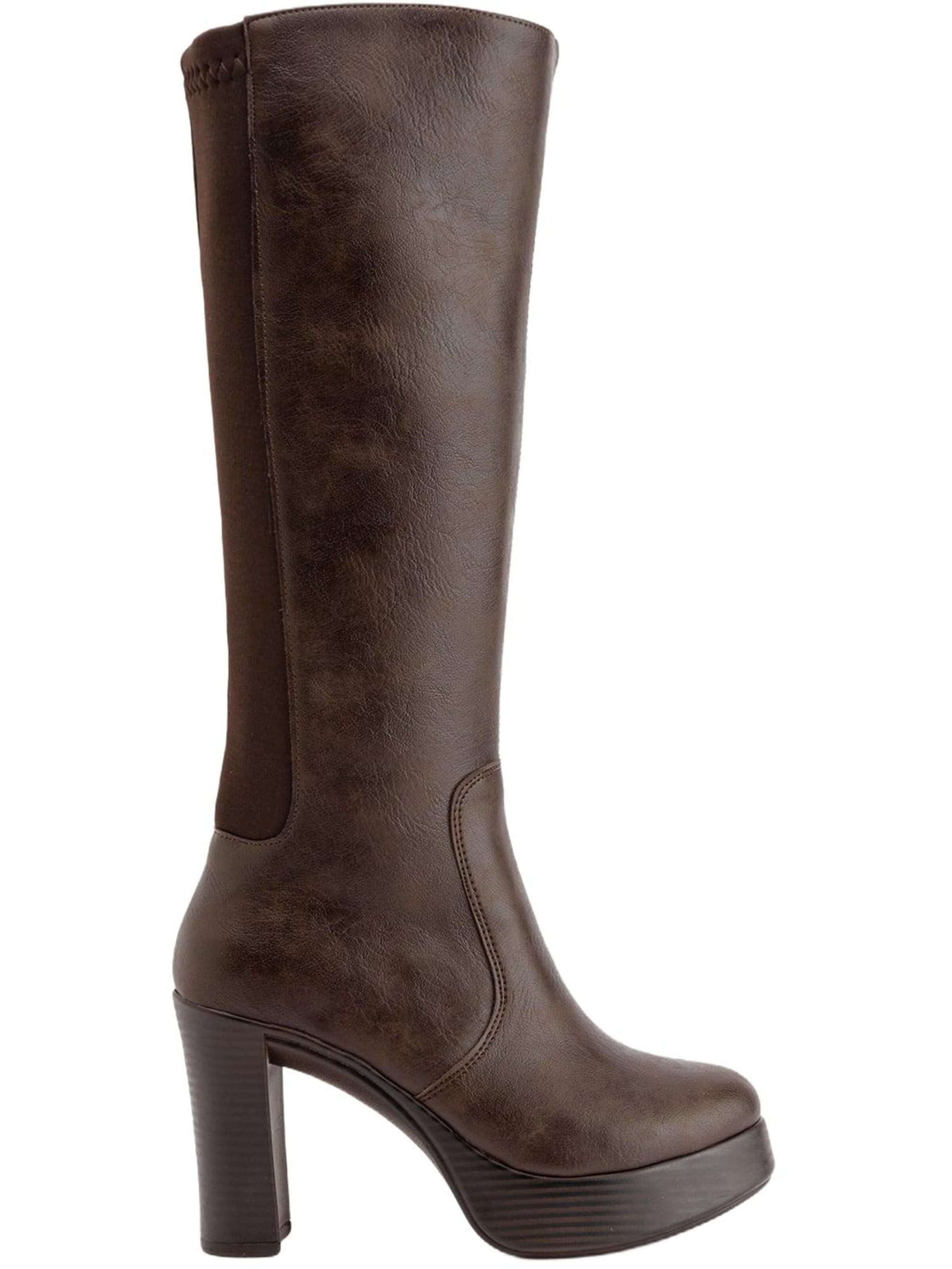 Limoya Boots 'Limoya Suzy Leder-Textil-Plateau-Damenstiefel mit 10 cm Absatz' in Brown: front