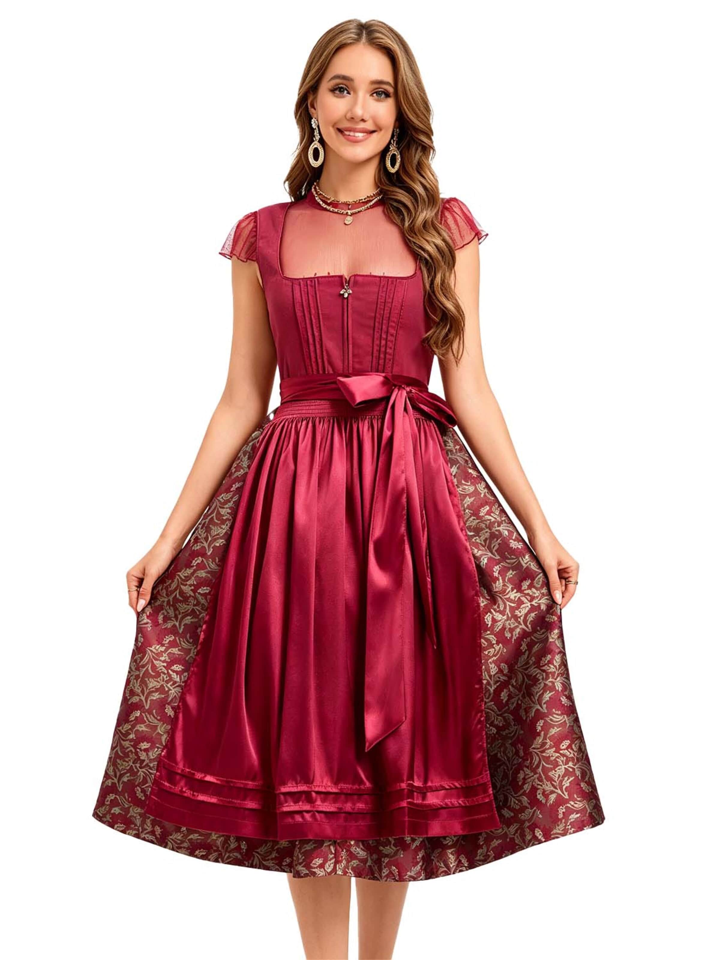 KoJooin Dirndl 'Damen Trachten-Set Baumwoll Dirndlkleid mit Jacquard,Satin-Schürze und Spitzenshirt mit Pünktchen'‌‌‌‌ in Rot: Vorderseite
