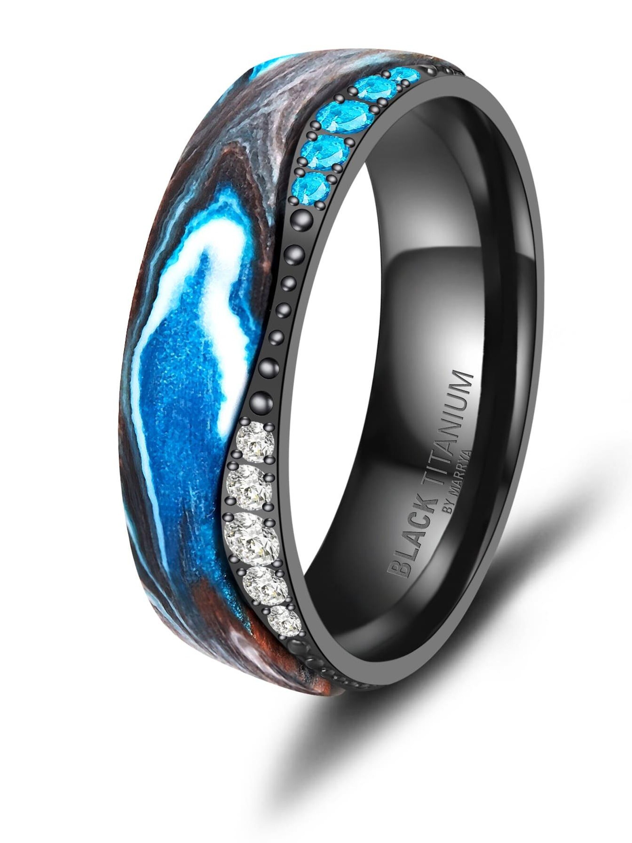 MARRYA Ring 'MARRYA BT-15 Black Titanium Ocean Blue Edition' in Blauw: voorkant