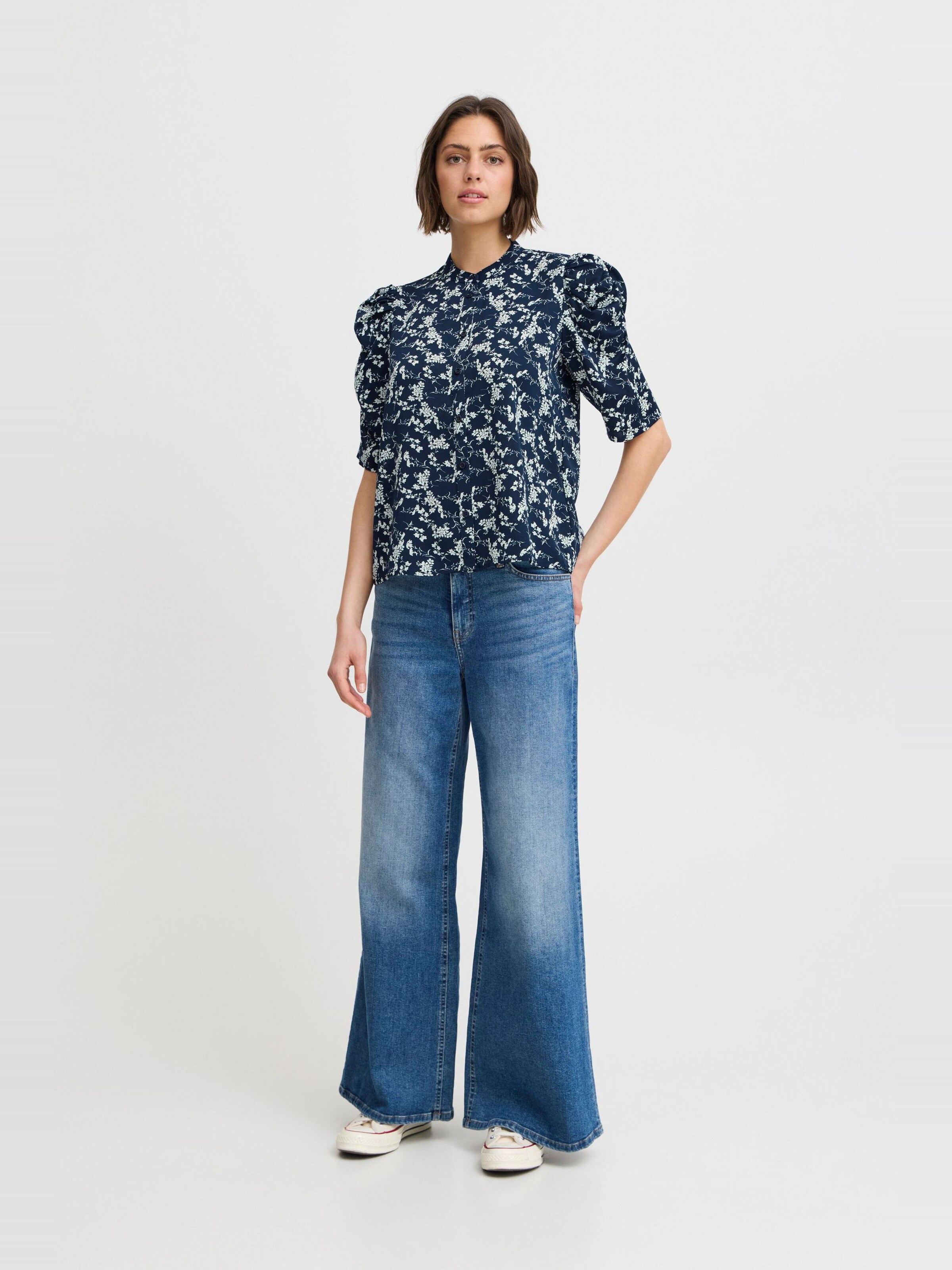 Chemisier ICHI Marine Et Blanc - Taille 36/38 En Viscose - Occasion En Très Bon état