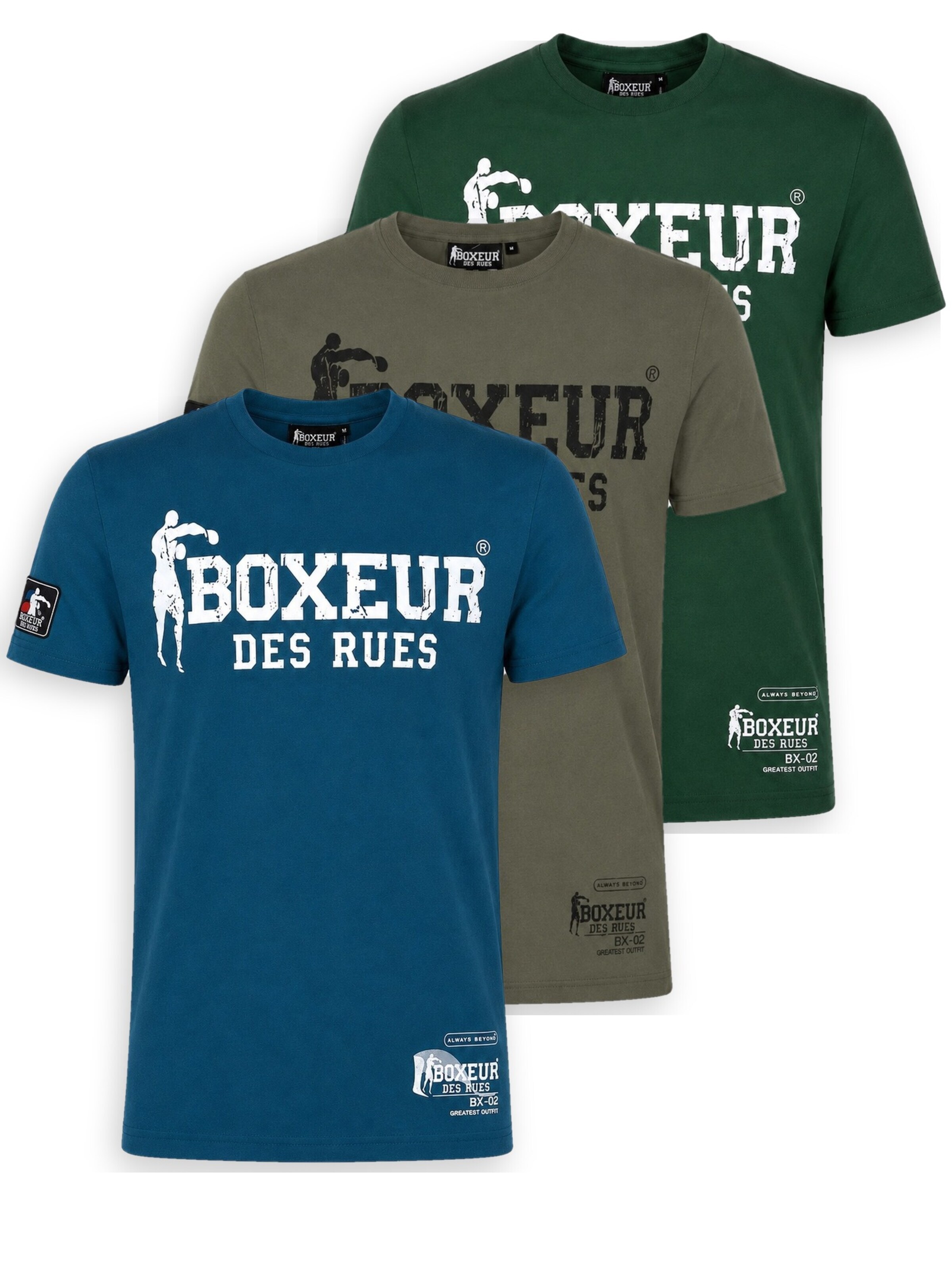 Boxeur des Rues Shirt 'Herren T-Shirt 3er-Pack Boxeur des Rues Slim Fit: Blau, Weißes Logo + Oliv, Schwarzes Logo + Dunkelgrün, Weißes Logo'‌‌‌‌‌ in Mischfarben: Vorderseite