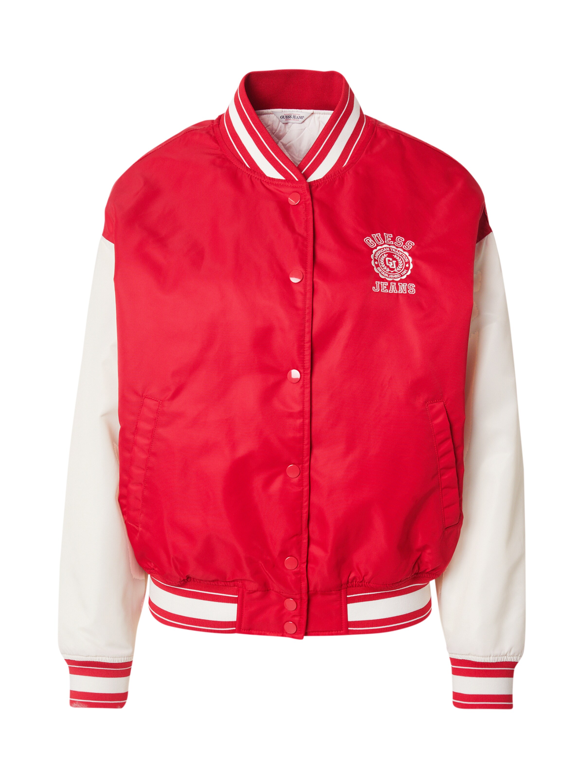 GUESS JEANS Φθινοπωρινό και ανοιξιάτικο μπουφάν σε κόκκινο: μπροστά