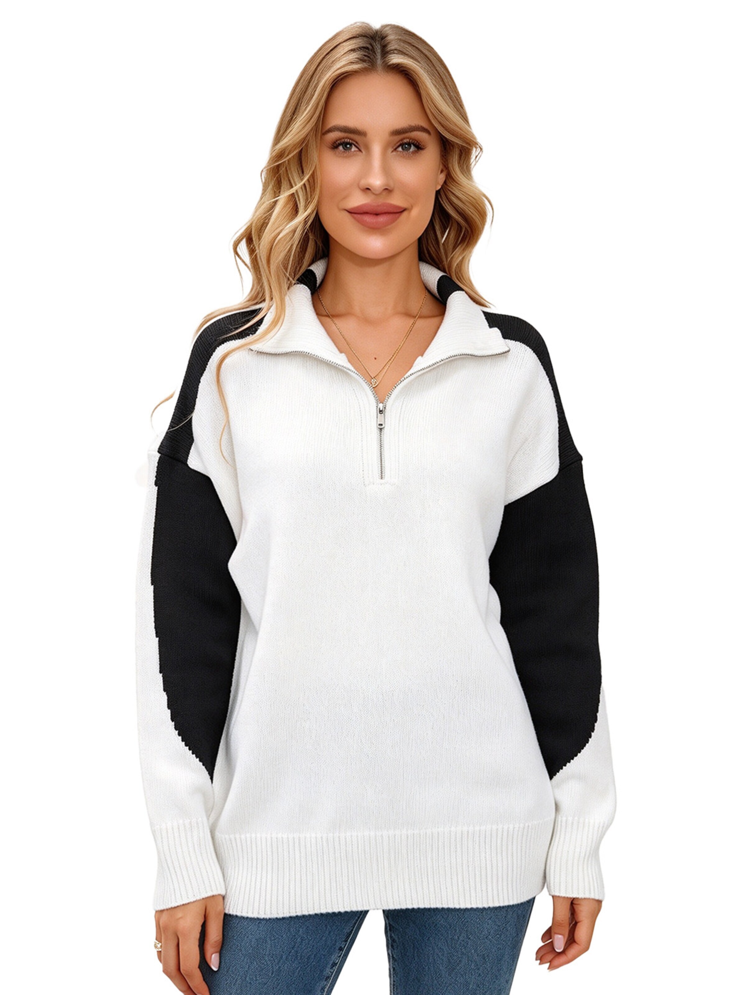KoJooin Sweter 'Damen Oversize Strickpullover mit Stehkragen und Reißverschluss Lockerer Pullover mit Pull-Over' w kolorze czarny