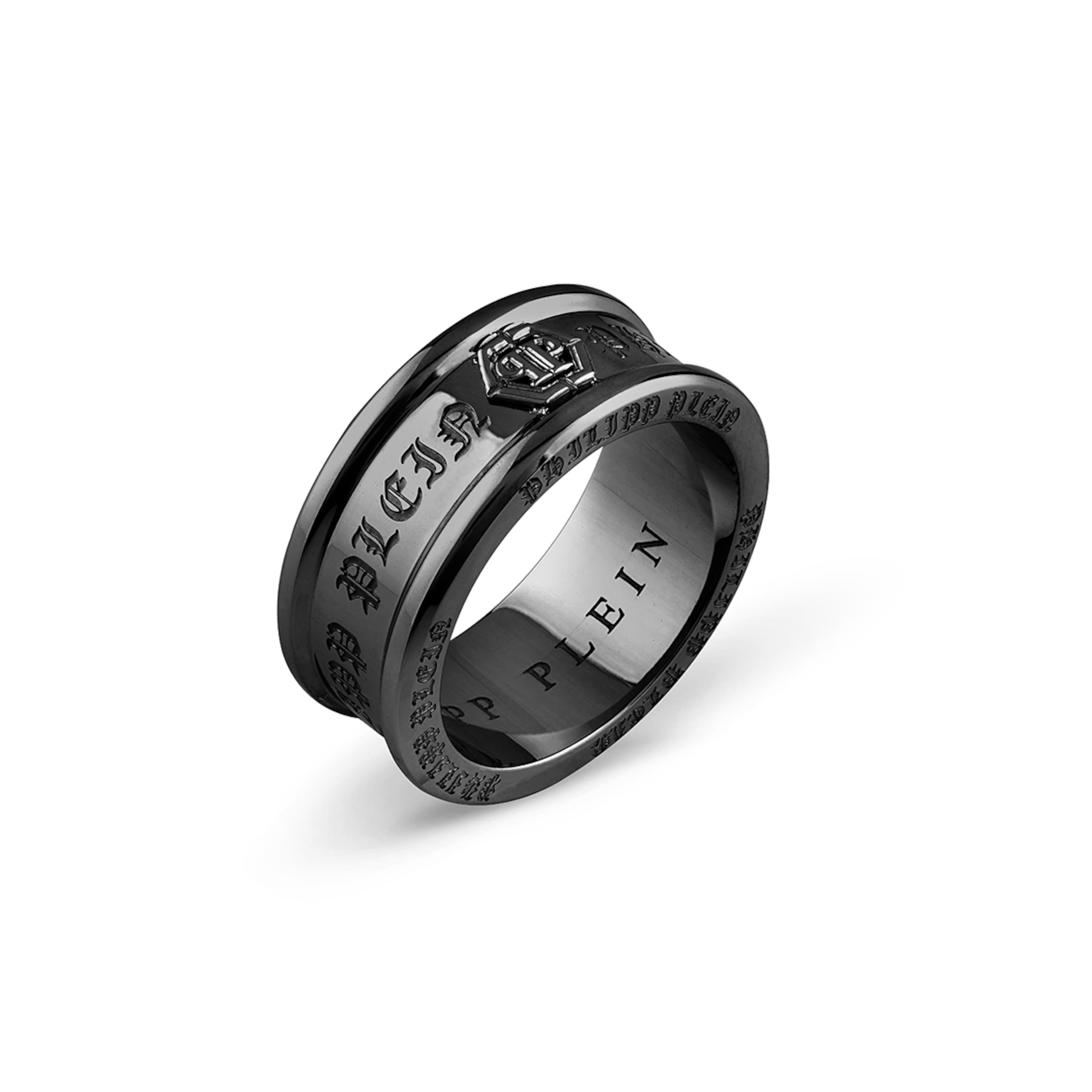 Philipp Plein Jewellery Ring 'Gothic Tag' in Zwart: voorkant