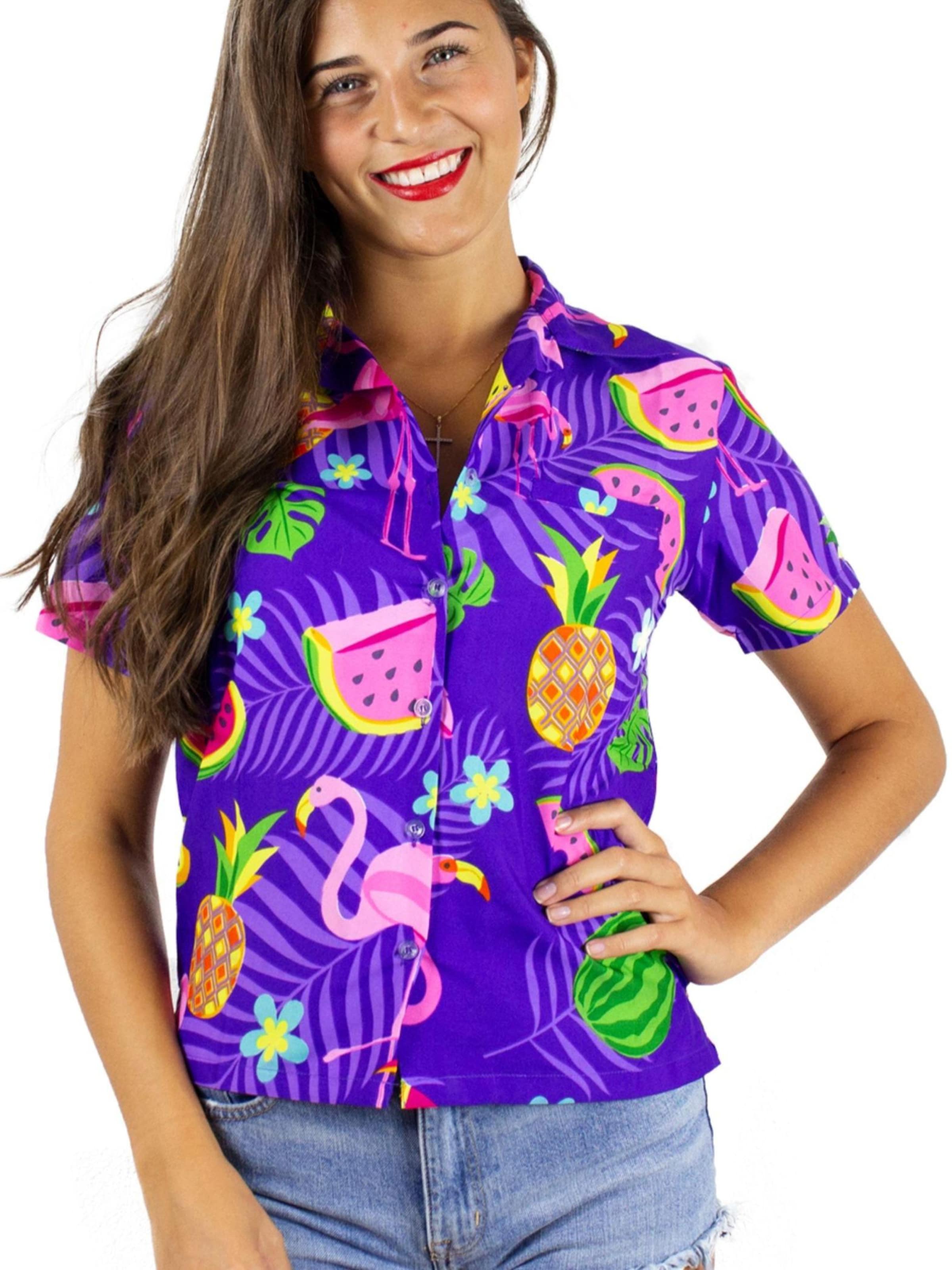 King Kameha Bluse 'Flamingo Melone'‌ in Lila: Vorderseite