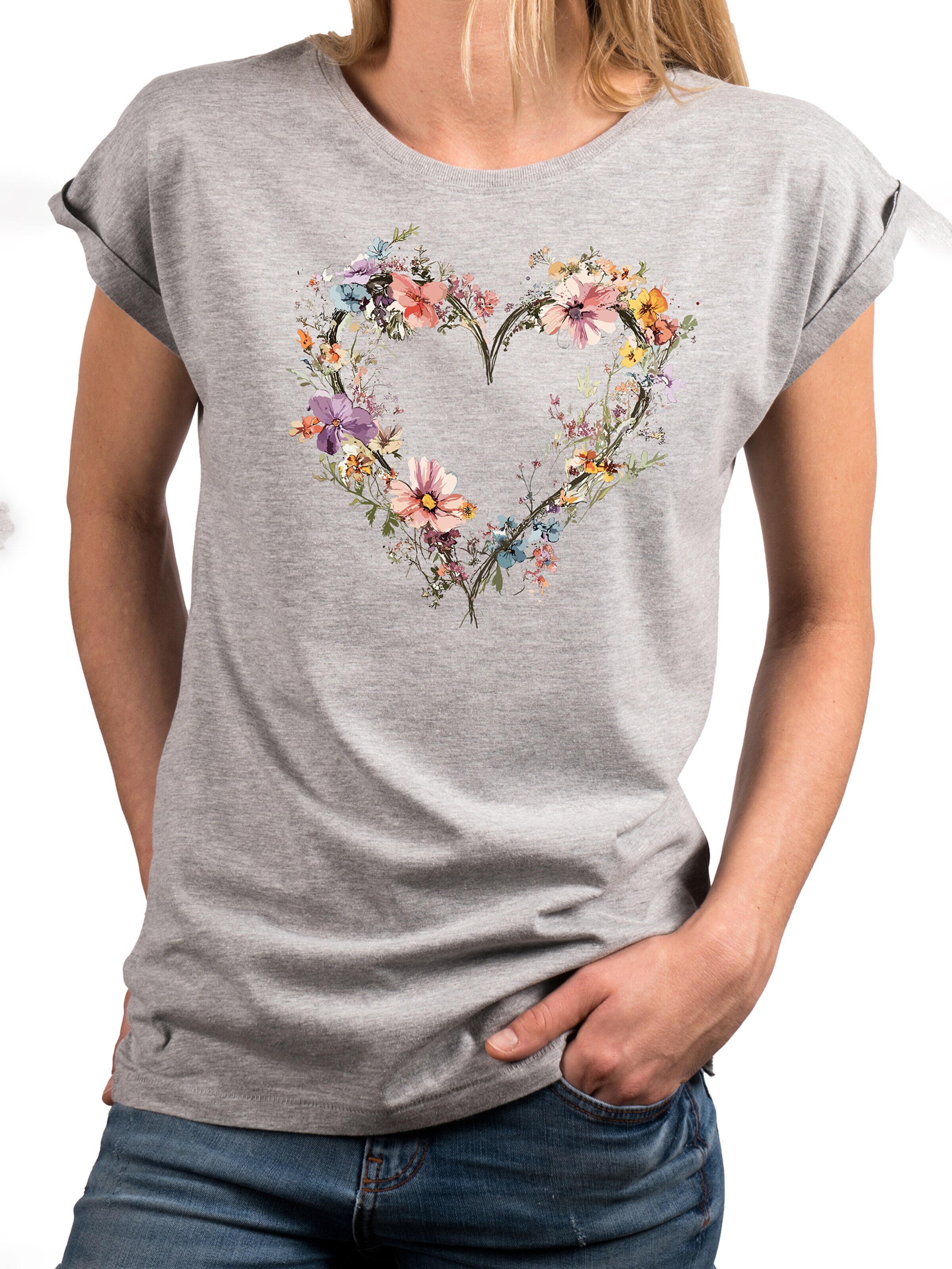 MAKAYA Shirt 'Blumenherz' in Grey