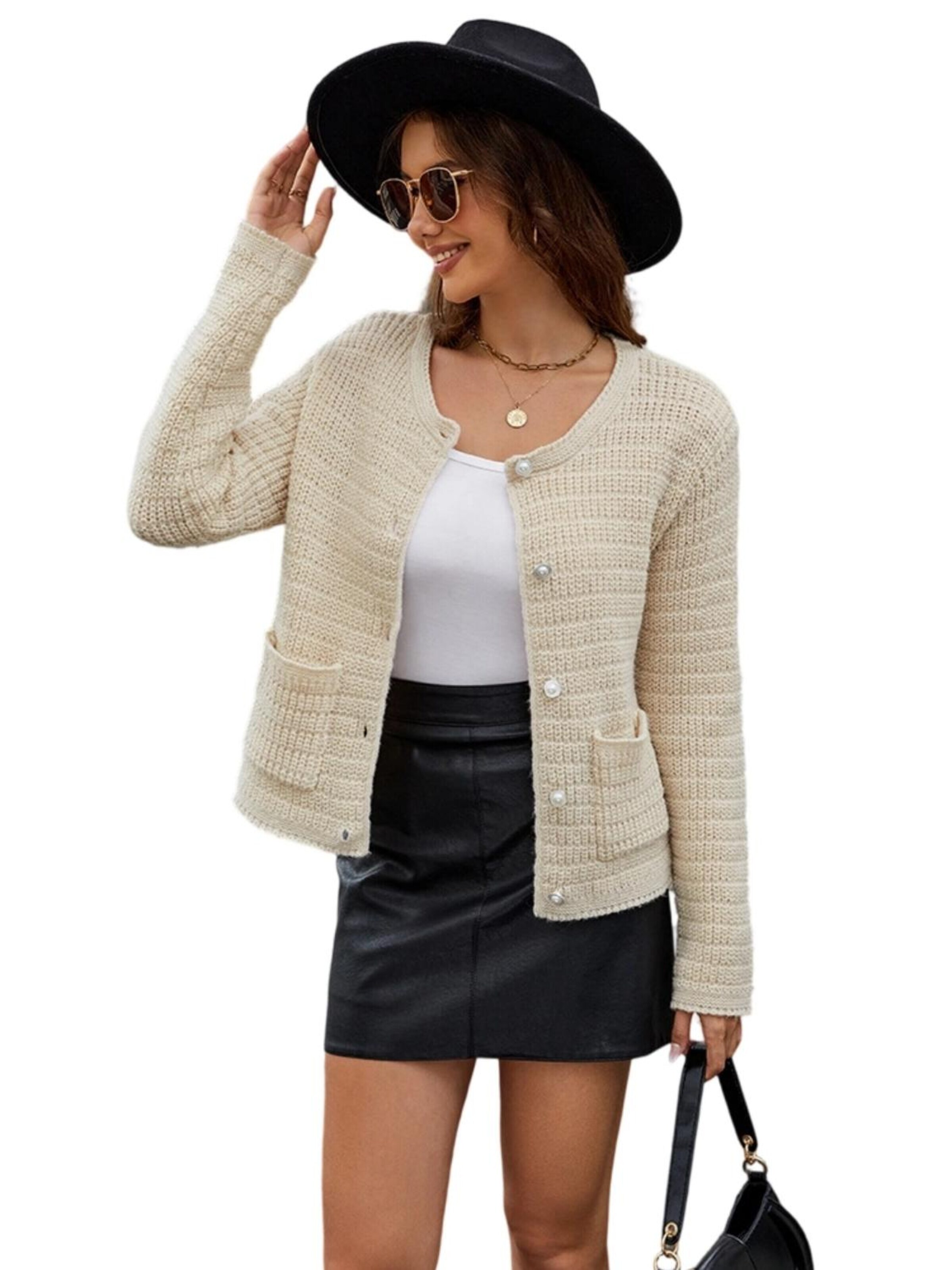 Yesfashion Knit Cardigan in Beige: front