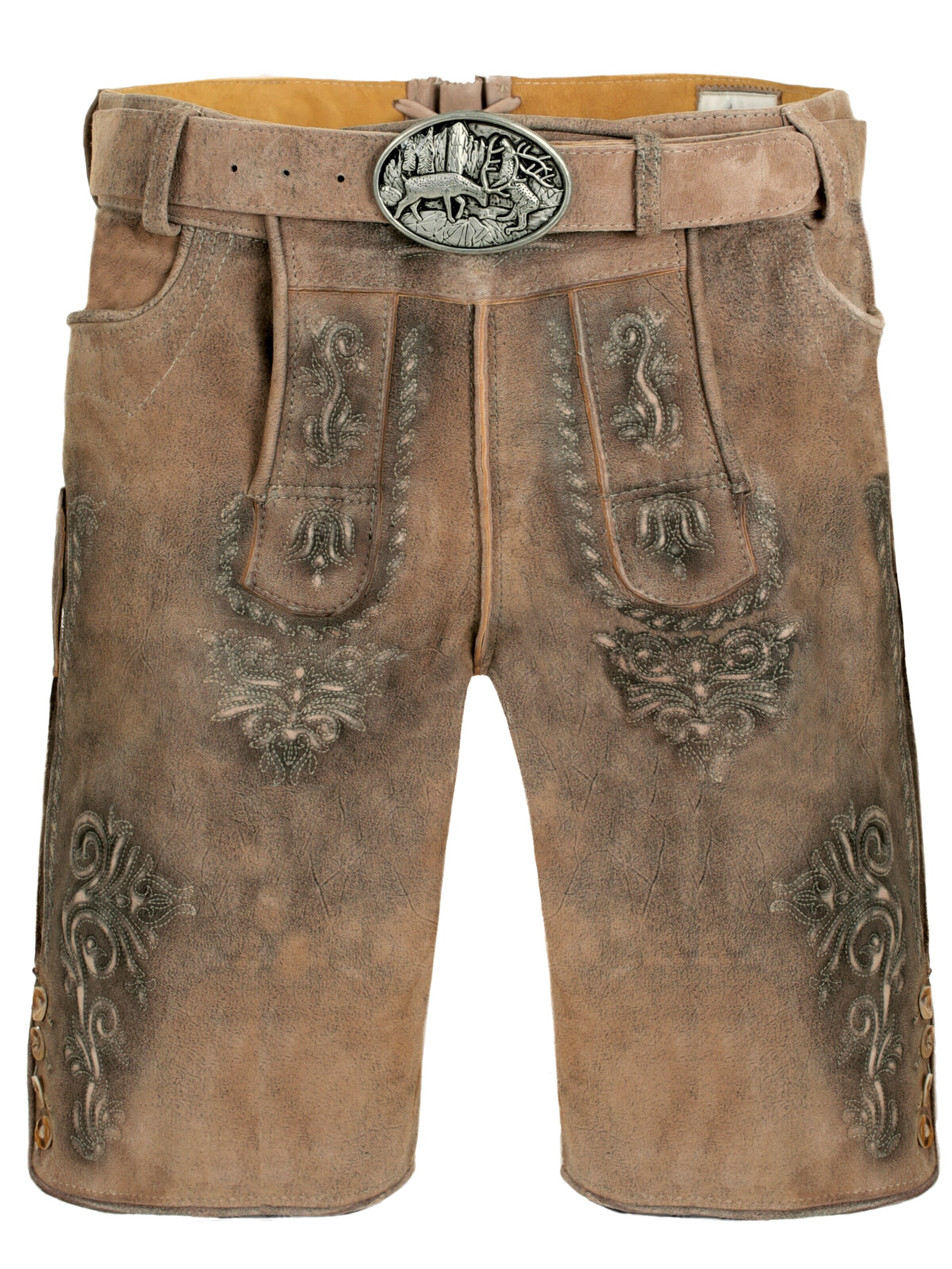 Fuchs Trachtenmoden Skinny Traditional Pants 'Trachtenlederhose Herren kurz Hellbraun Wildbockleder' in Brown: front