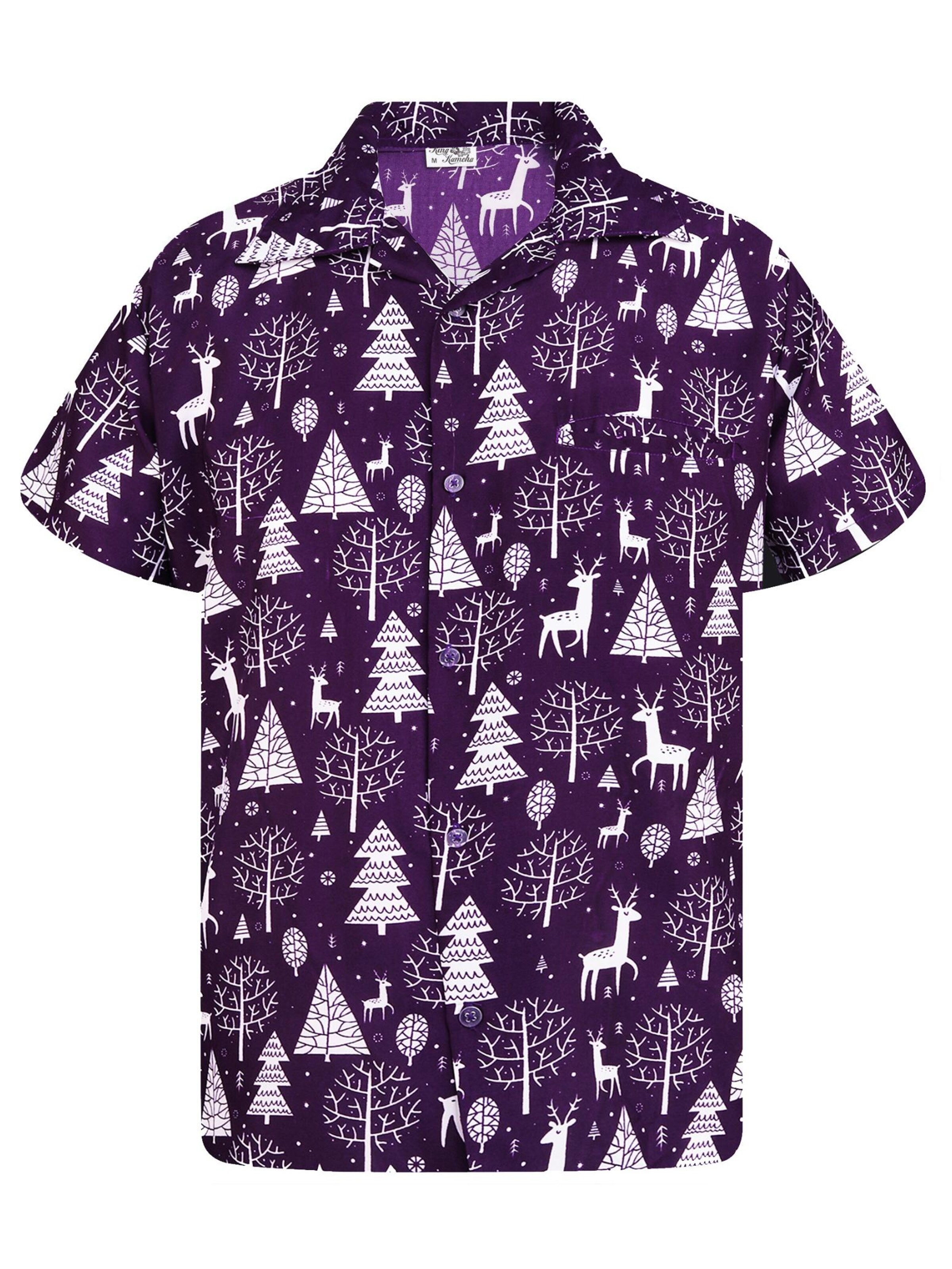 King Kameha Button Up Shirt 'Christmas Reindeer' in Purple: front