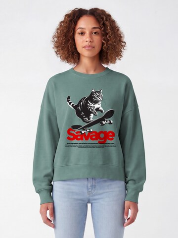 Watapparel Sweatshirt 'Savage Cat' in Green: front