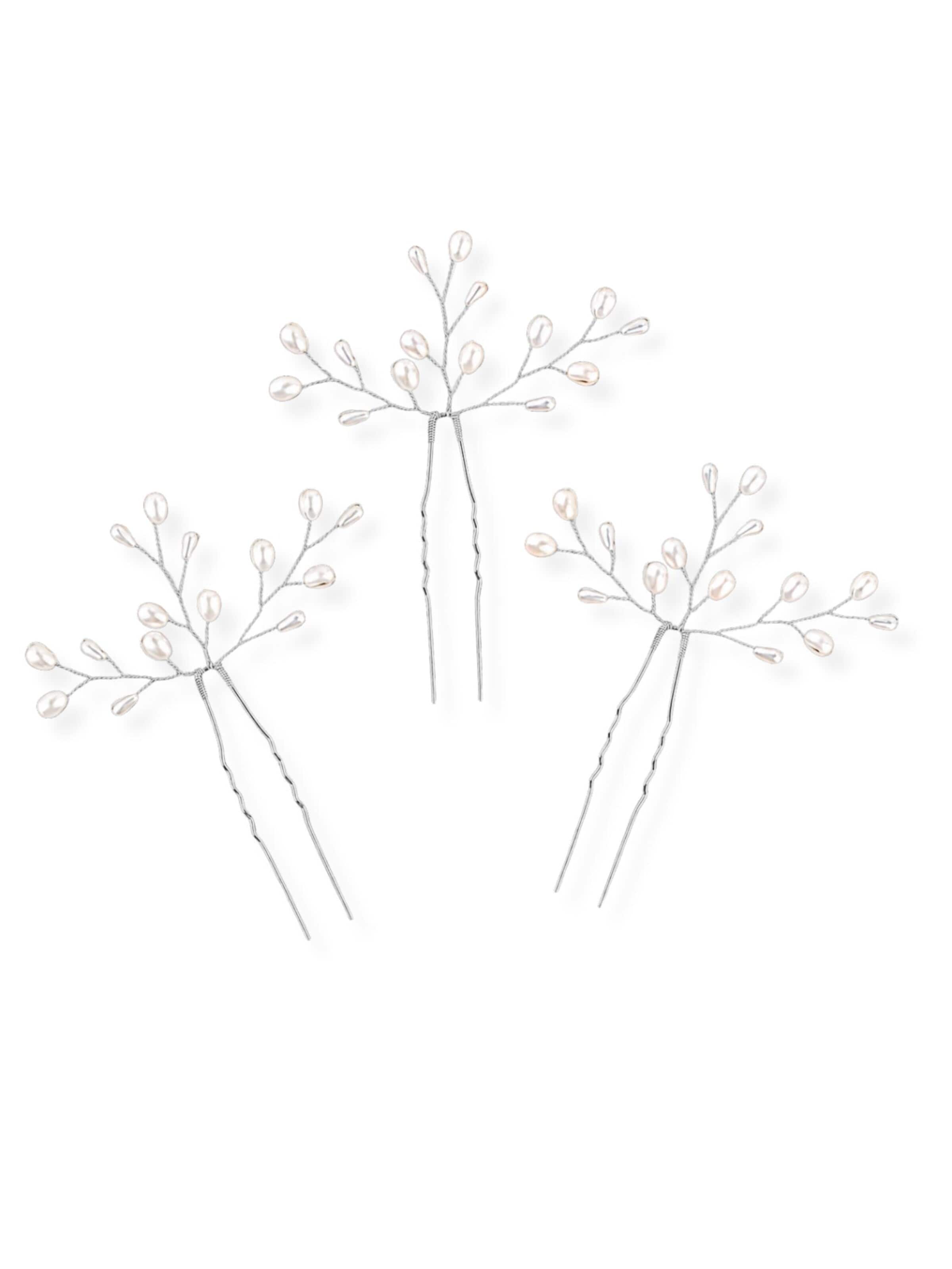 ANNIS WIESBADEN EST. 2021 Hair Jewelry 'Haarnadel-Set, 3 handgefertigte Haarnadeln gold mit Perlen' in Silver: front