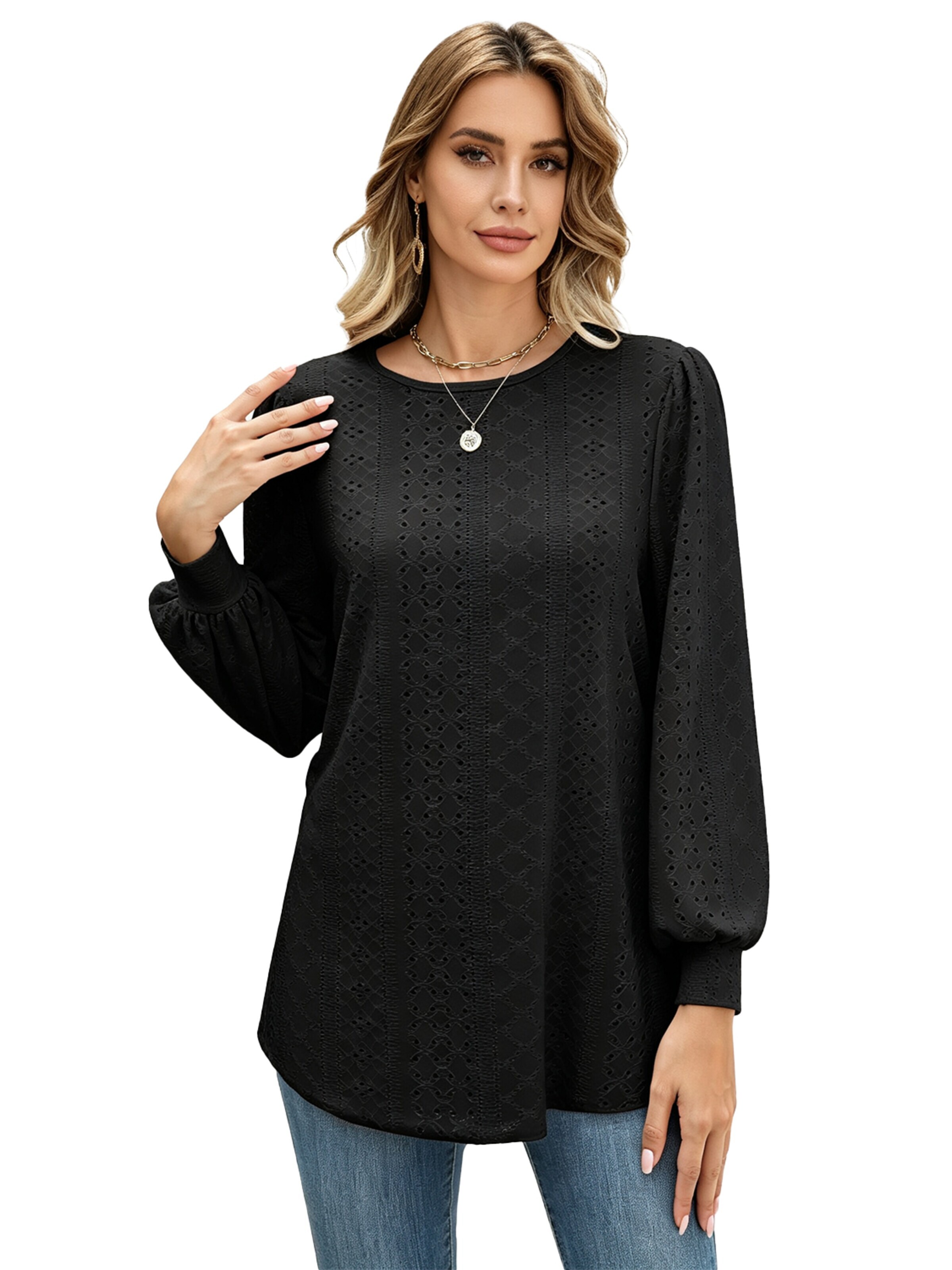 KoJooin Shirt 'Damen Locker Geschnittenes Rundhals T-Shirt mit Puffärmeln – Lässiges Langarmshirt für Alltag' in Black