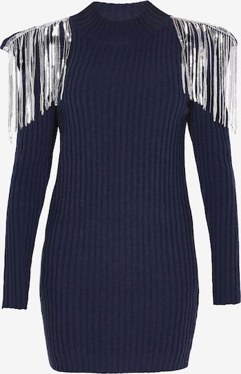 Megzta suknelė iš faina, spalva – tamsiai mėlyna jūros spalva / sidabrinė, Prekių apžvalga