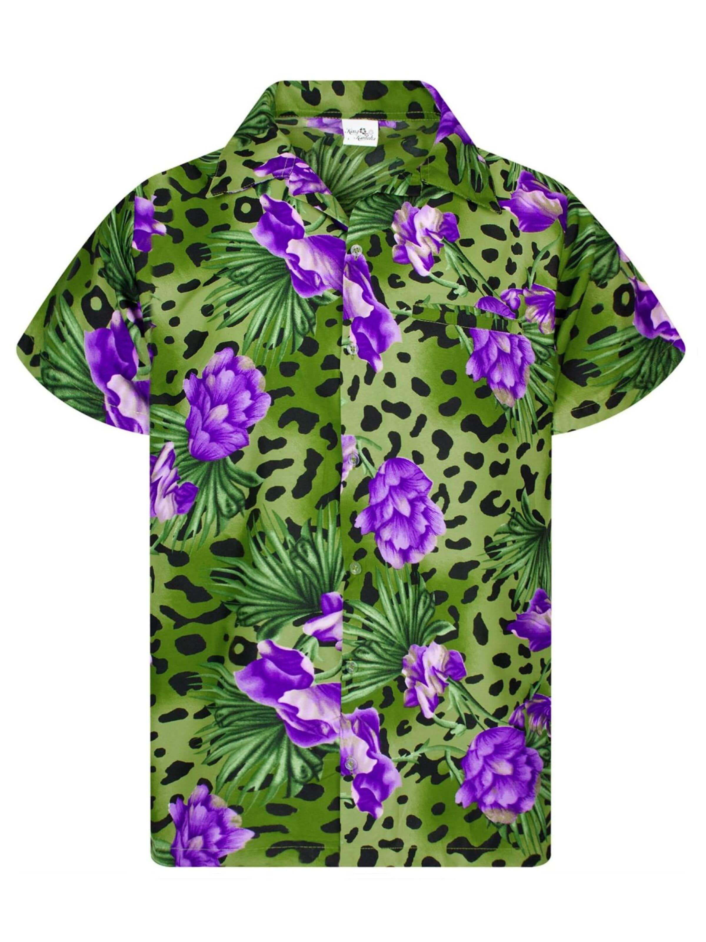 King Kameha Shirt 'Leopard Flowers' in Groen: voorkant