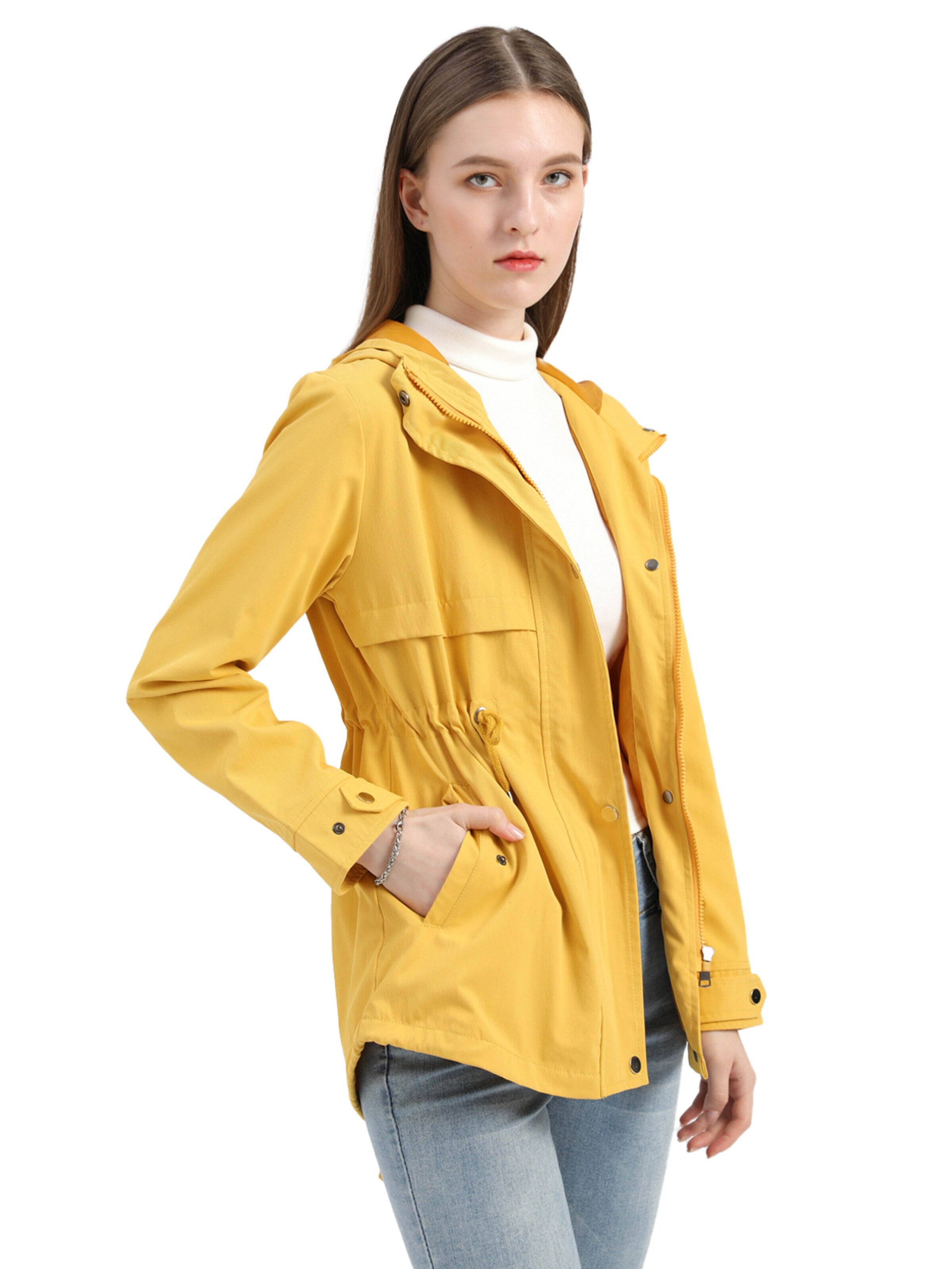 KoJooin Płaszcz funkcyjny 'Damen lange Kapuzen-Regenjacke mit Taille – Wasserdichter Windbreaker und Outdoor-Mantel für Schutz' w kolorze żółty