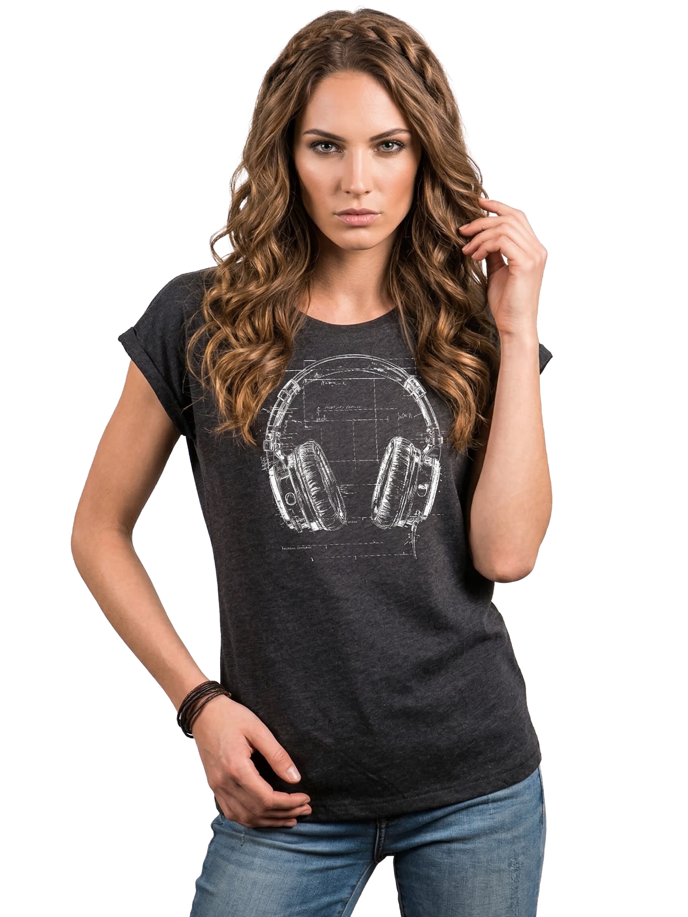 MAKAYA Shirt 'Blue Print Headphone' in Grey: front