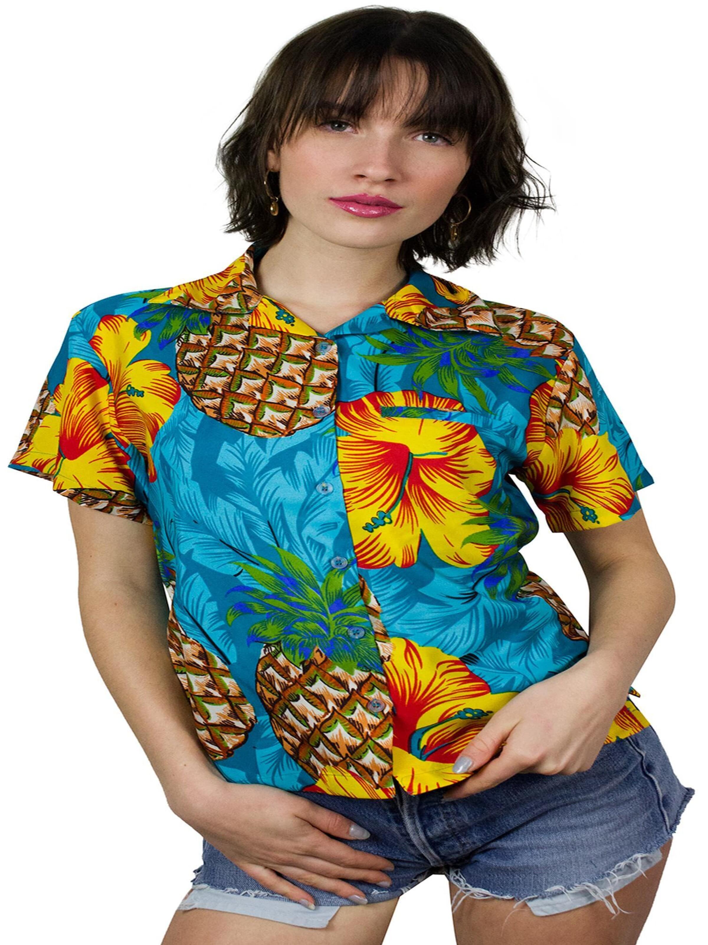 Camicia da donna 'Pineapple Hibiscus' di King Kameha in blu: frontale