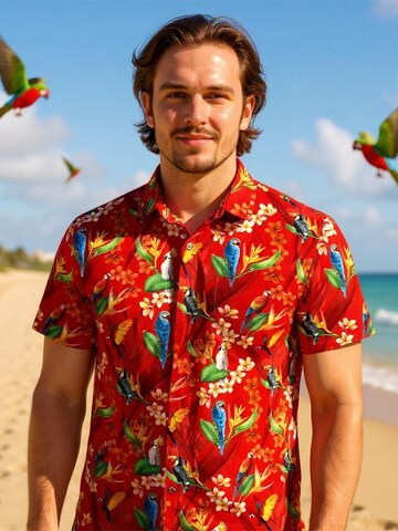Hawaiihemdshop.de Regular Fit Hemd 'Flower Parrots' in Rot