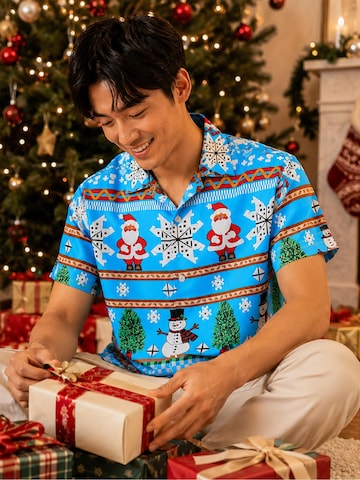 King Kameha - Ajuste regular Camisa 'Christmas Rows' en azul