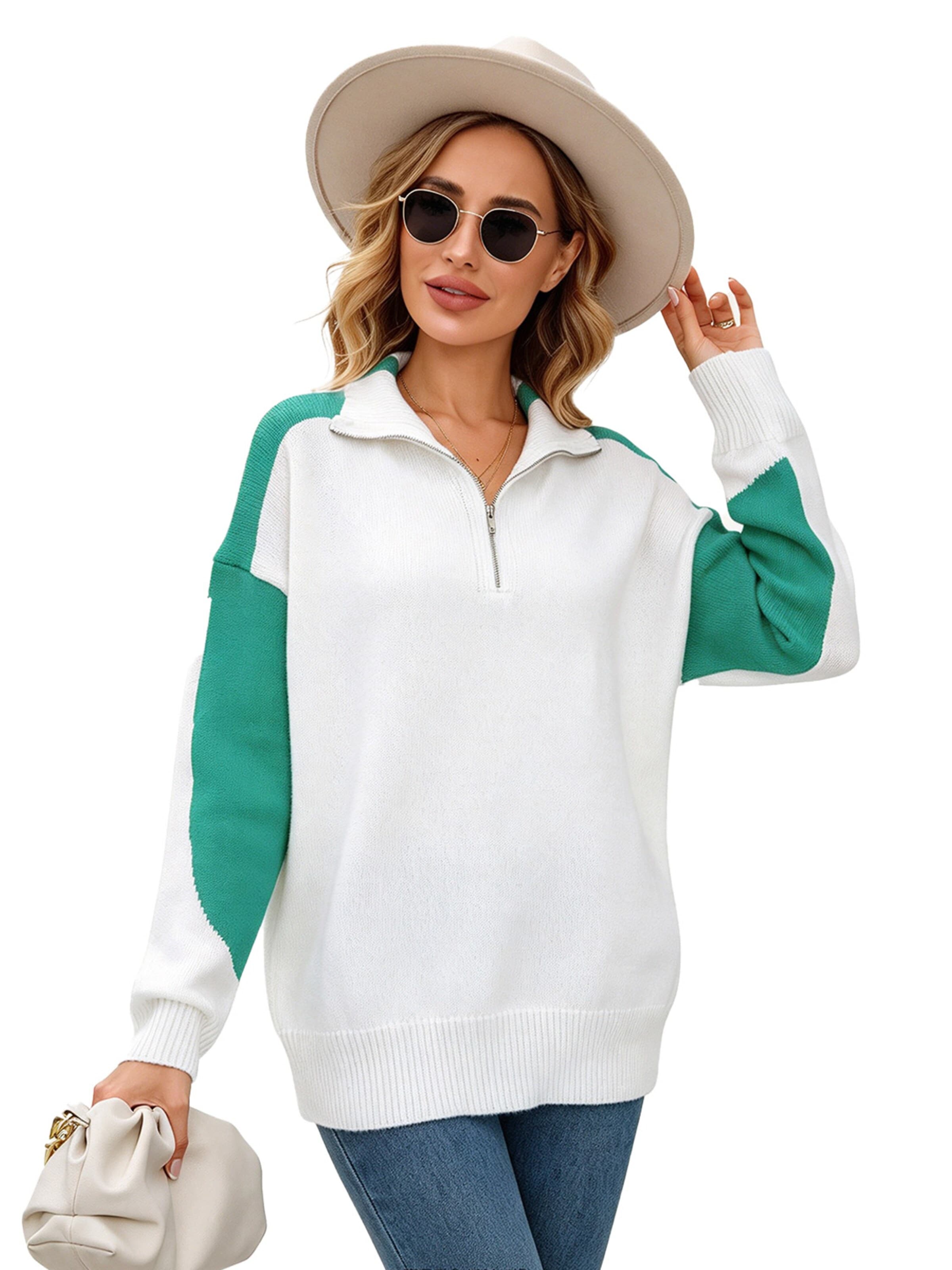 KoJooin Sweter 'Damen Oversize Strickpullover mit Stehkragen und Reißverschluss Lockerer Pullover mit Pull-Over' w kolorze biały