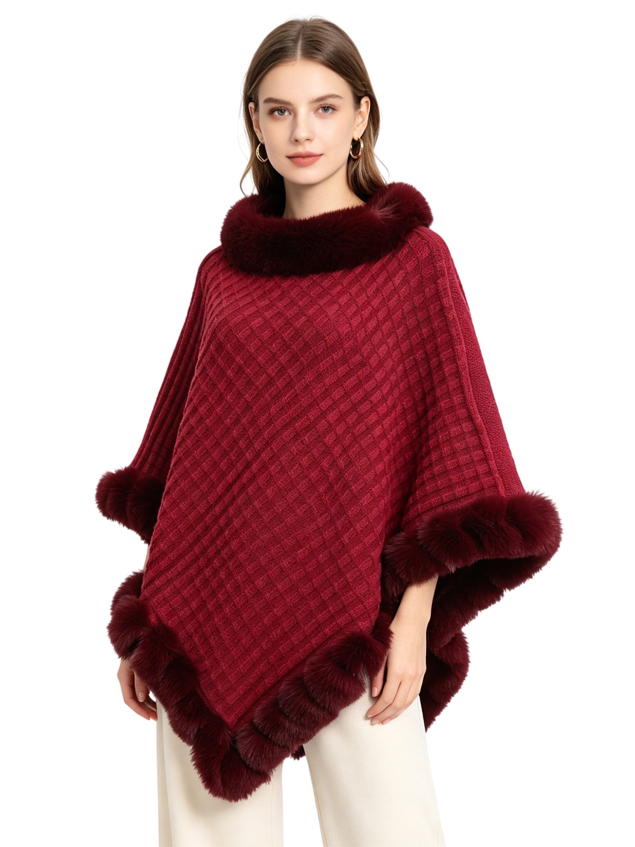 Magicshe Cape 'Winter Poncho Strick mit Kunstfell' in Red: front