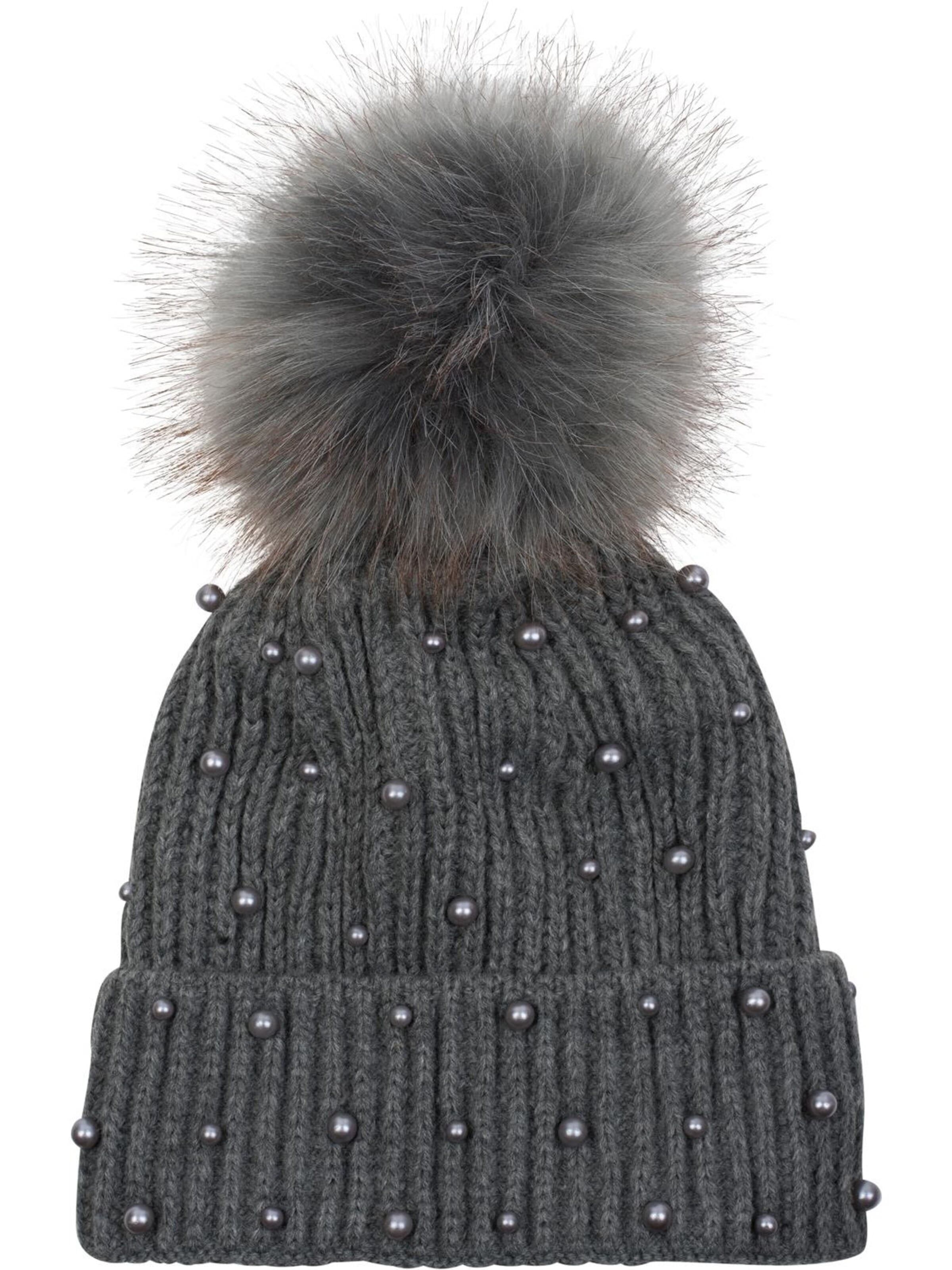 styleBREAKER Mütze 'Strick Bommelmütze mit Perlen und Fleece Futter'‌‌‌ in Grau: Vorderseite