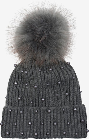 styleBREAKER Mütze 'Strick Bommelmütze mit Perlen und Fleece Futter' in Grau: Vorderseite