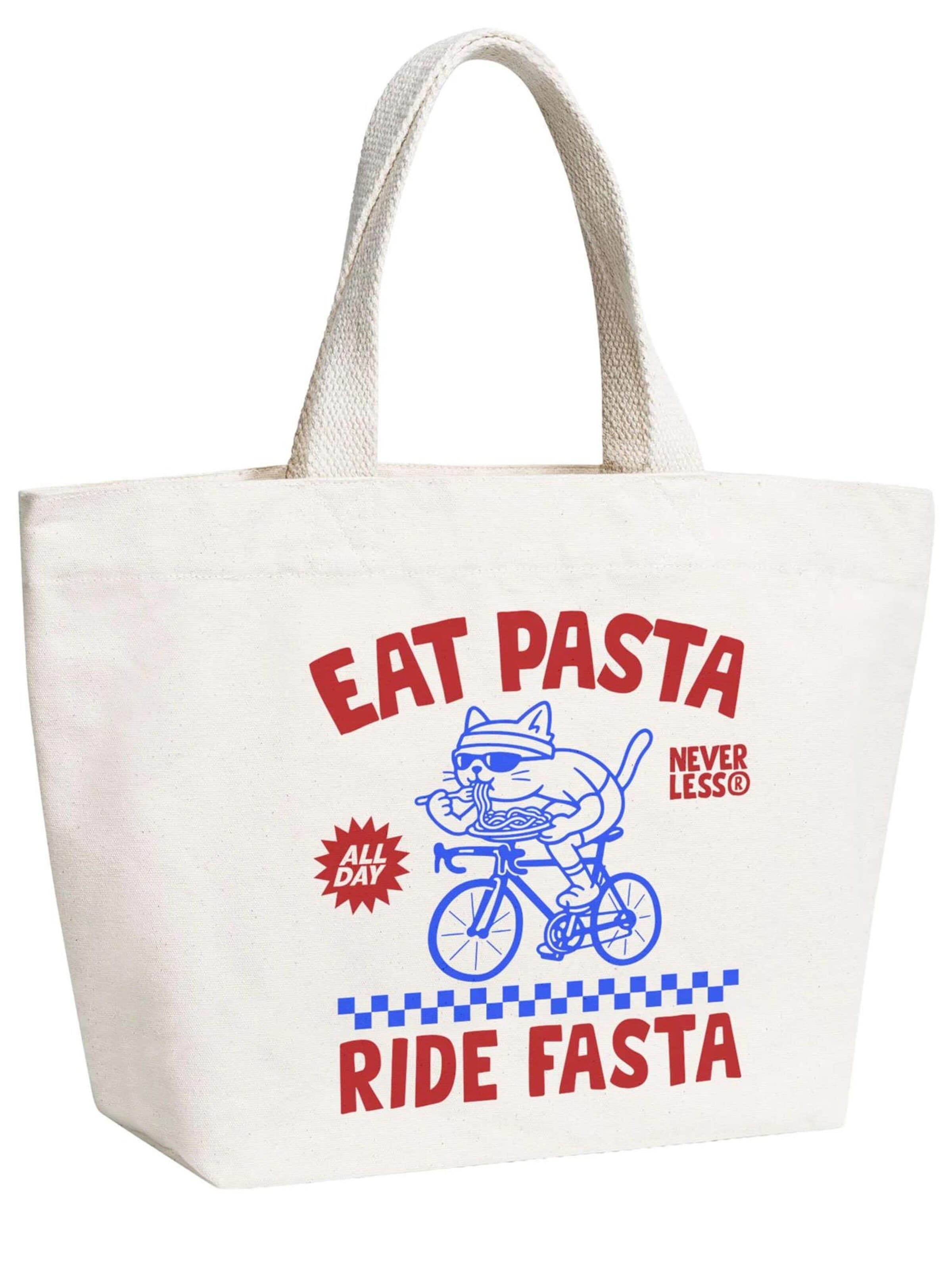 Neverless Beach Bag 'Eat Pasta Ride Fasta' in Beige: front
