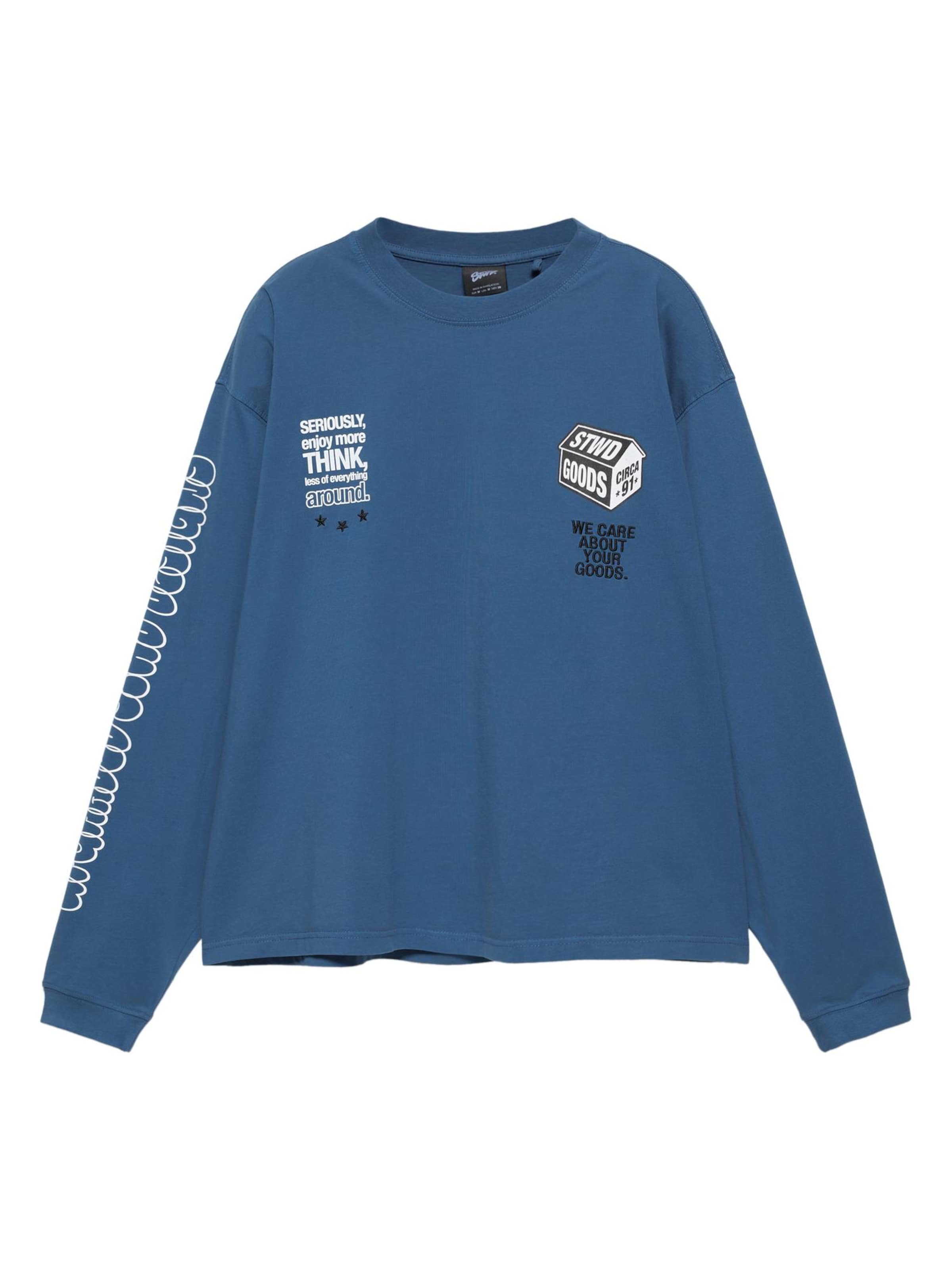 Pull&Bear Tričko 'STWD COMMUNITY PLAYER' ve velikosti XS - safírová / černá / bílá, Produkt