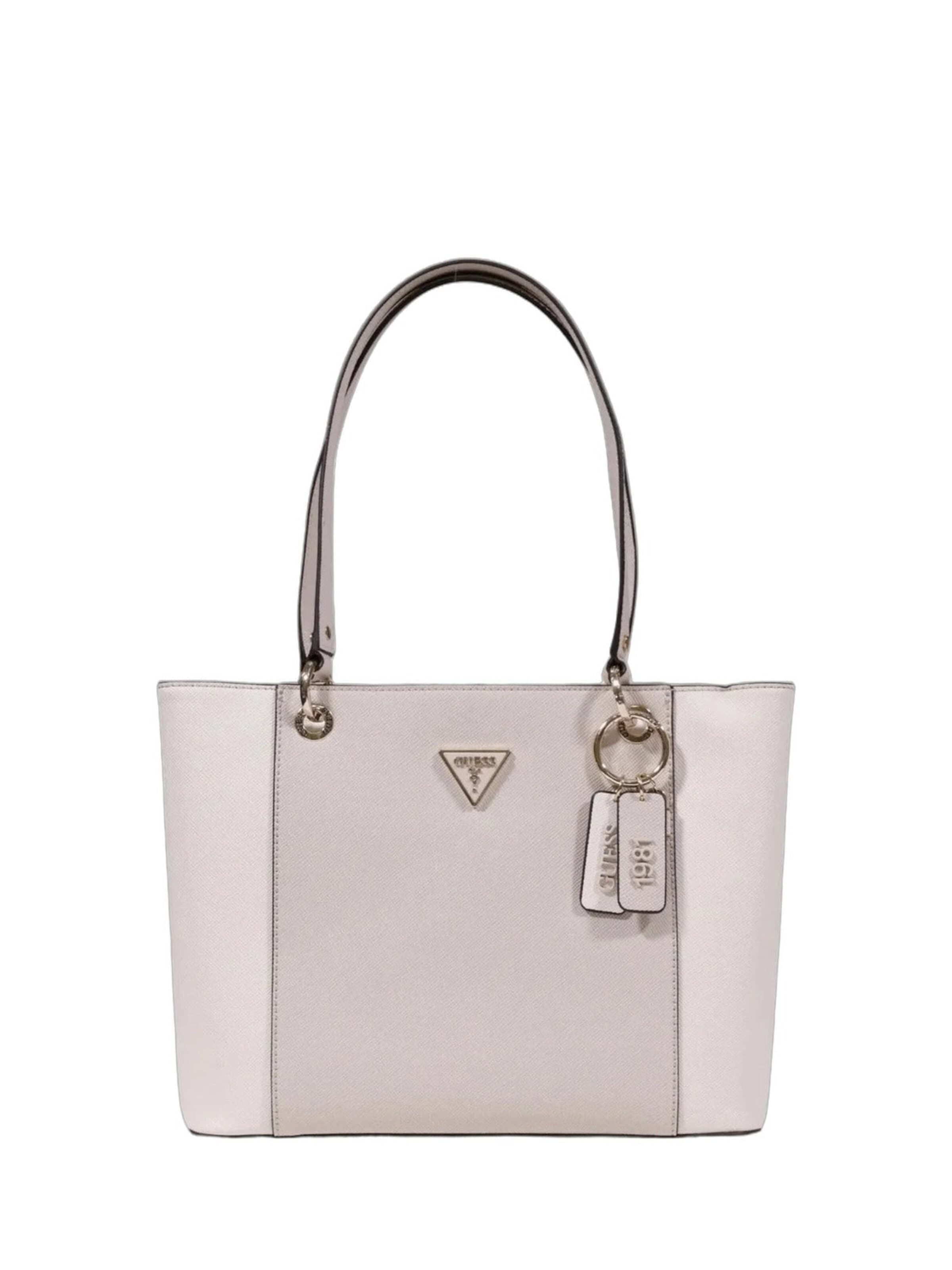 One Size dydžio Pirkinių krepšys 'Guess Sac Bandoulière Bramina Small Satche Off White/Taupe' iš GUESS, spalva – balta, Prekių apžvalga