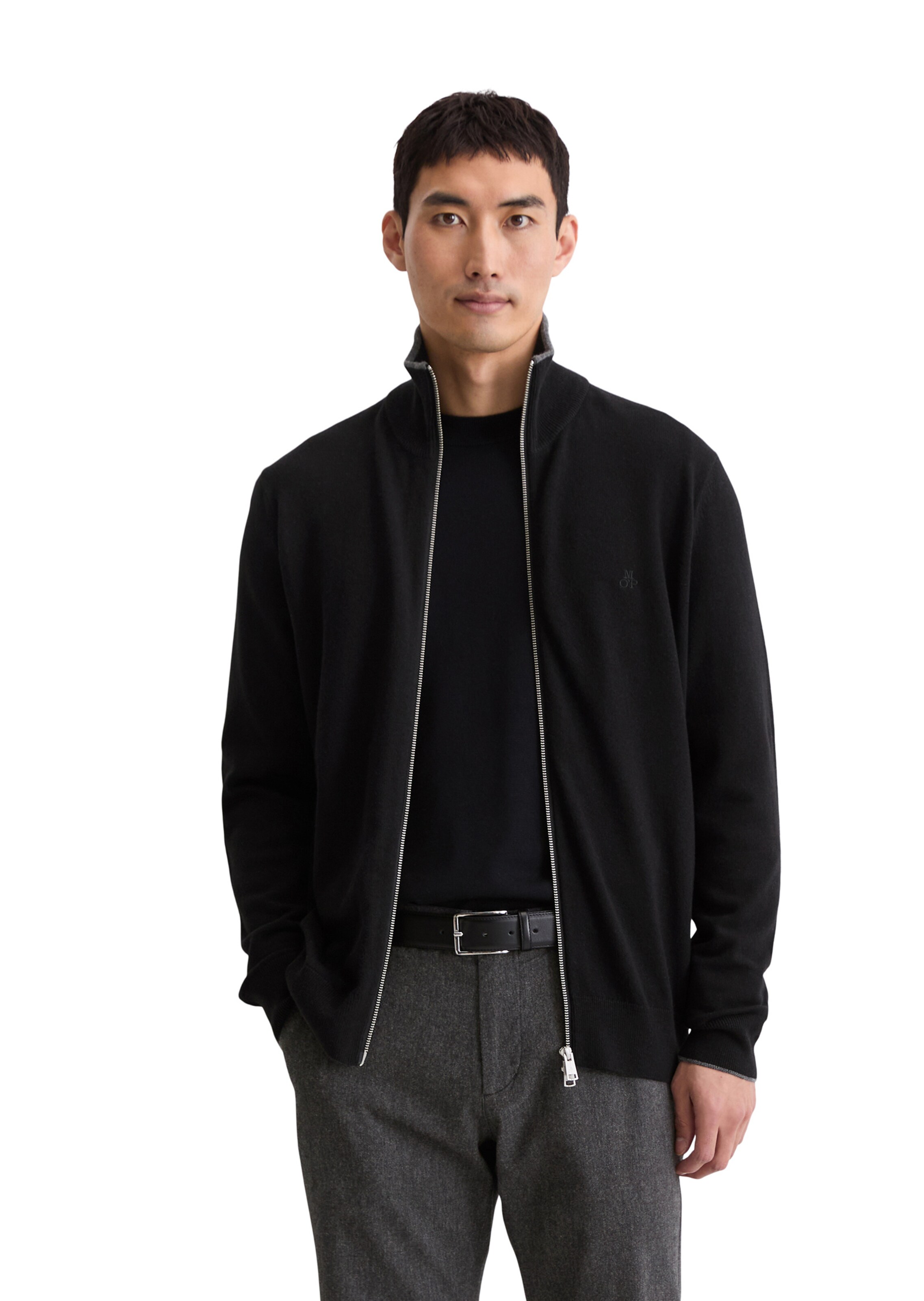 Marc O'Polo Zipper-Strickjacke regular ' aus Bio-Baumwoll-Schurwoll-Mix ' in Schwarz