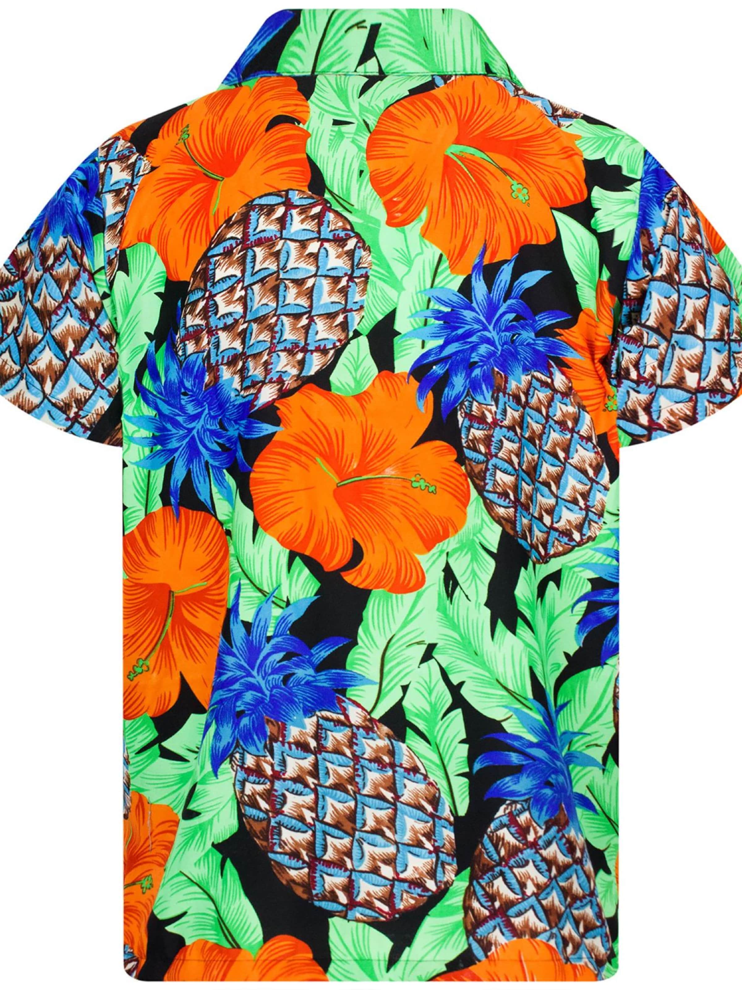 Maglietta 'Pineapple Hibiscus Black Line' di King Kameha in verde
