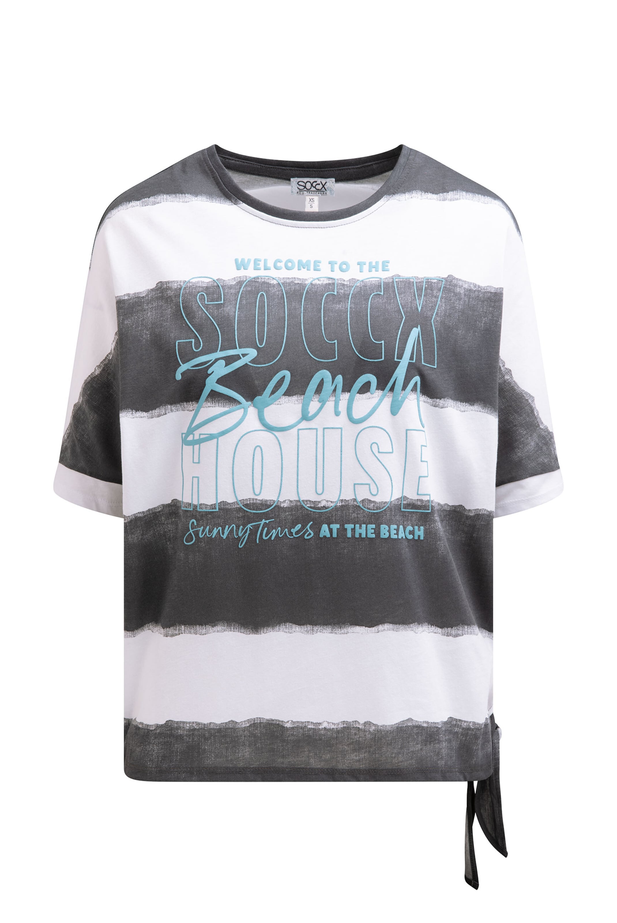 Soccx Oversize T-Shirt mit Streifen und Saumknoten in Grau: Vorderseite